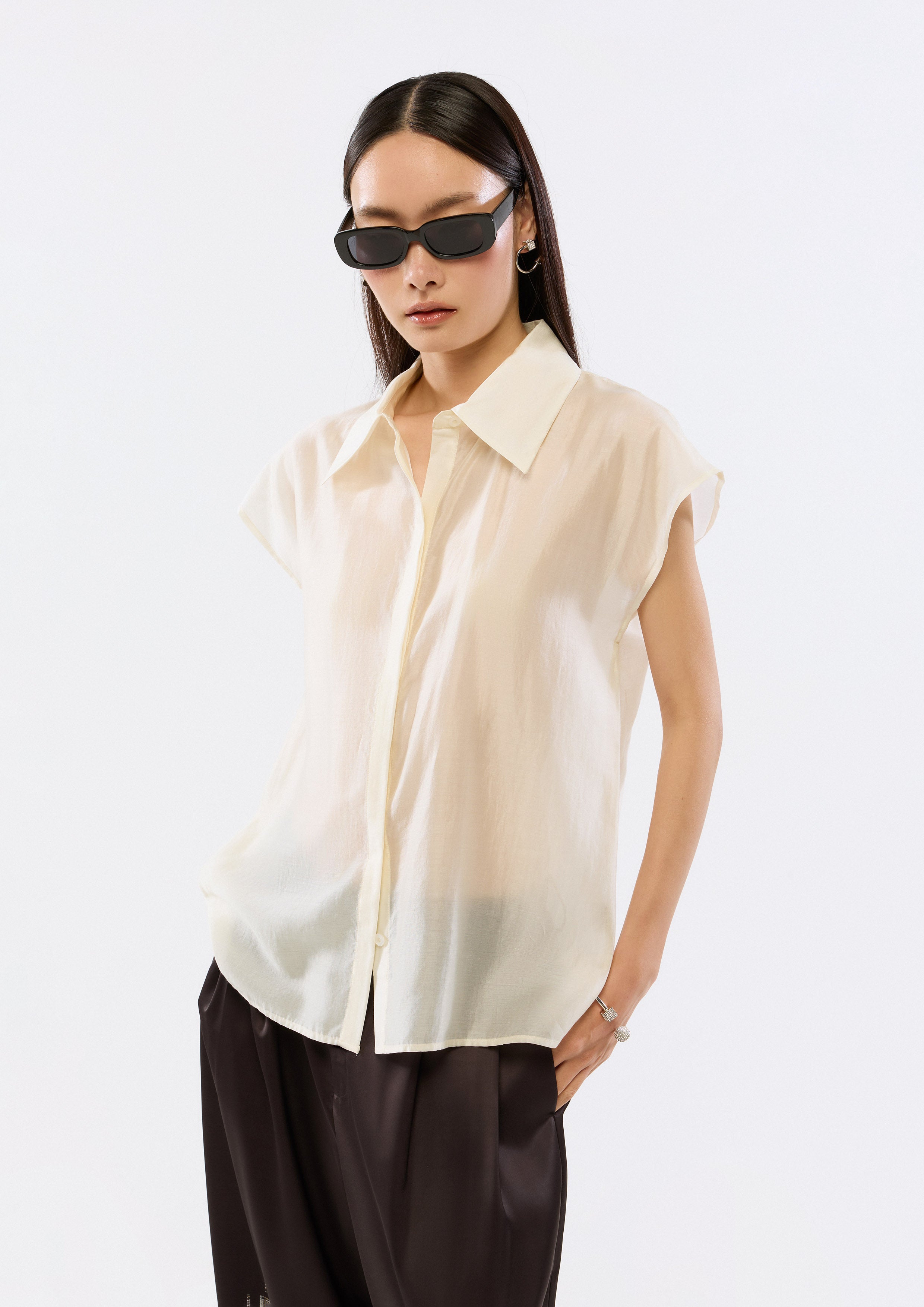 Sheer Back Pleated With Logo Shirt