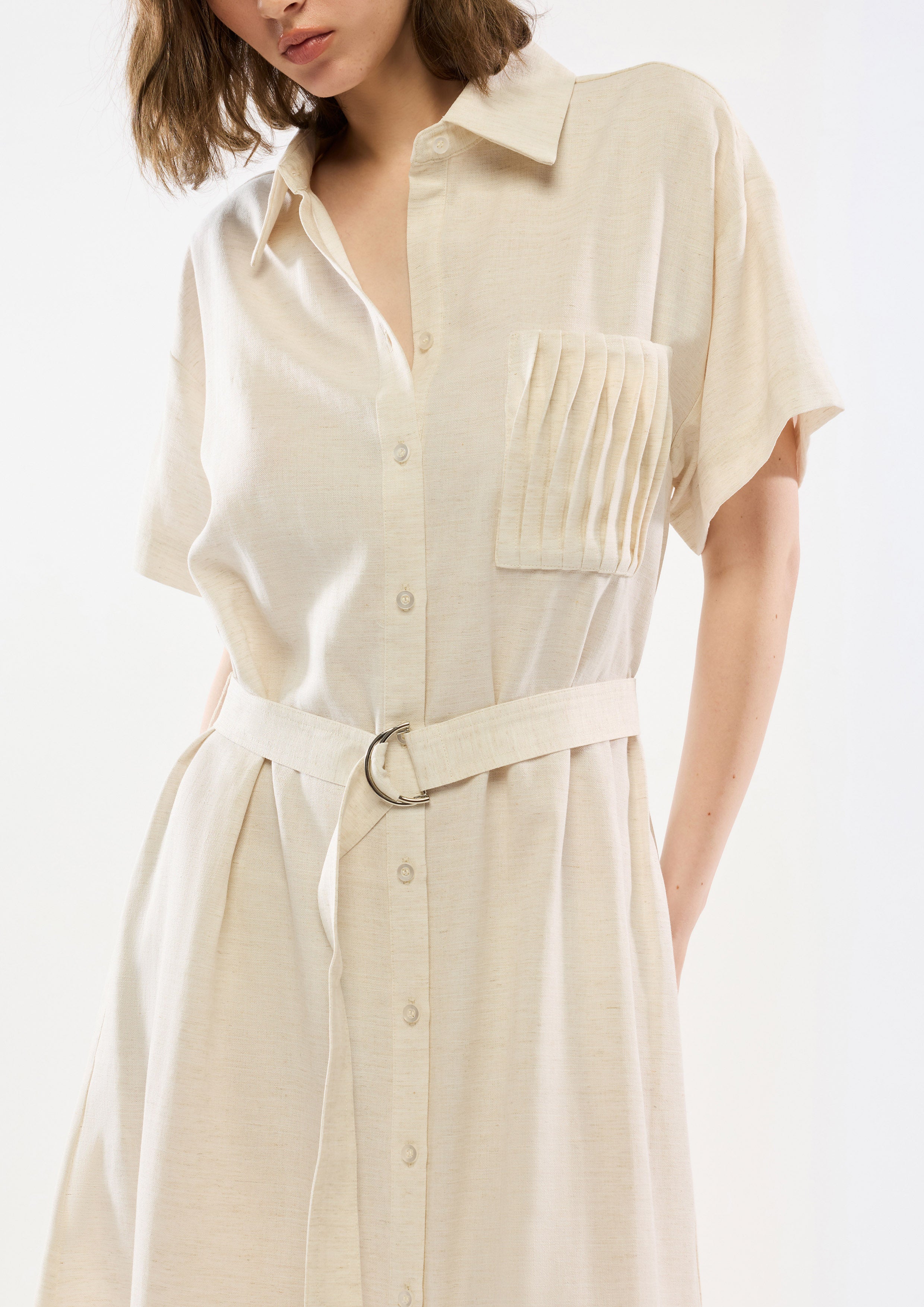 Pleated Pocket Midi Dress With Belt