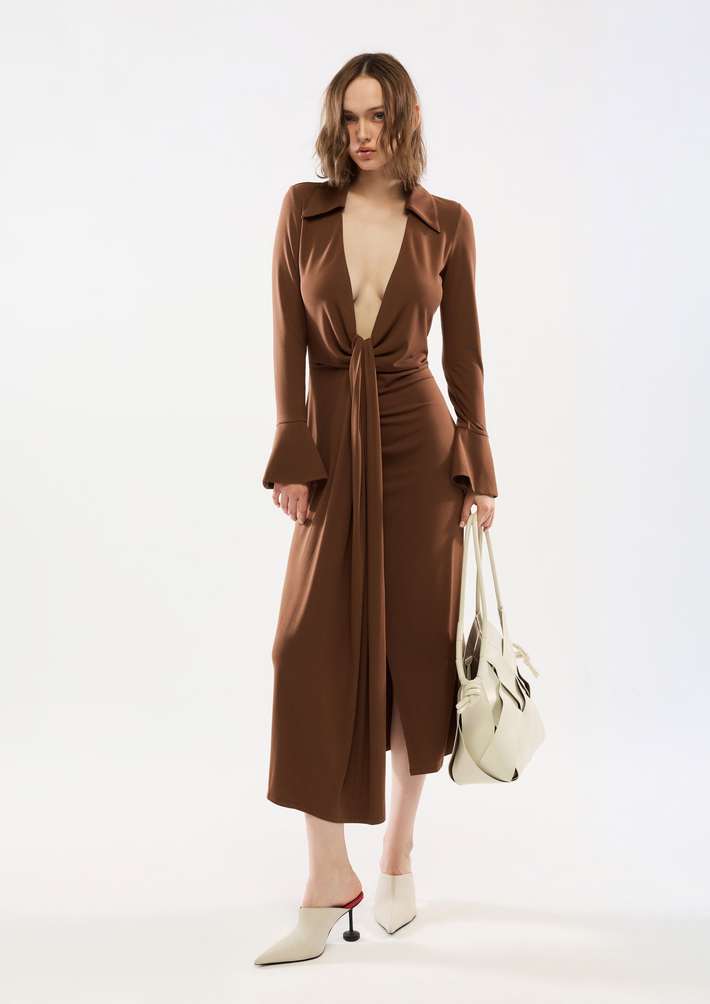 Deep V Front Knotted Midi Dress