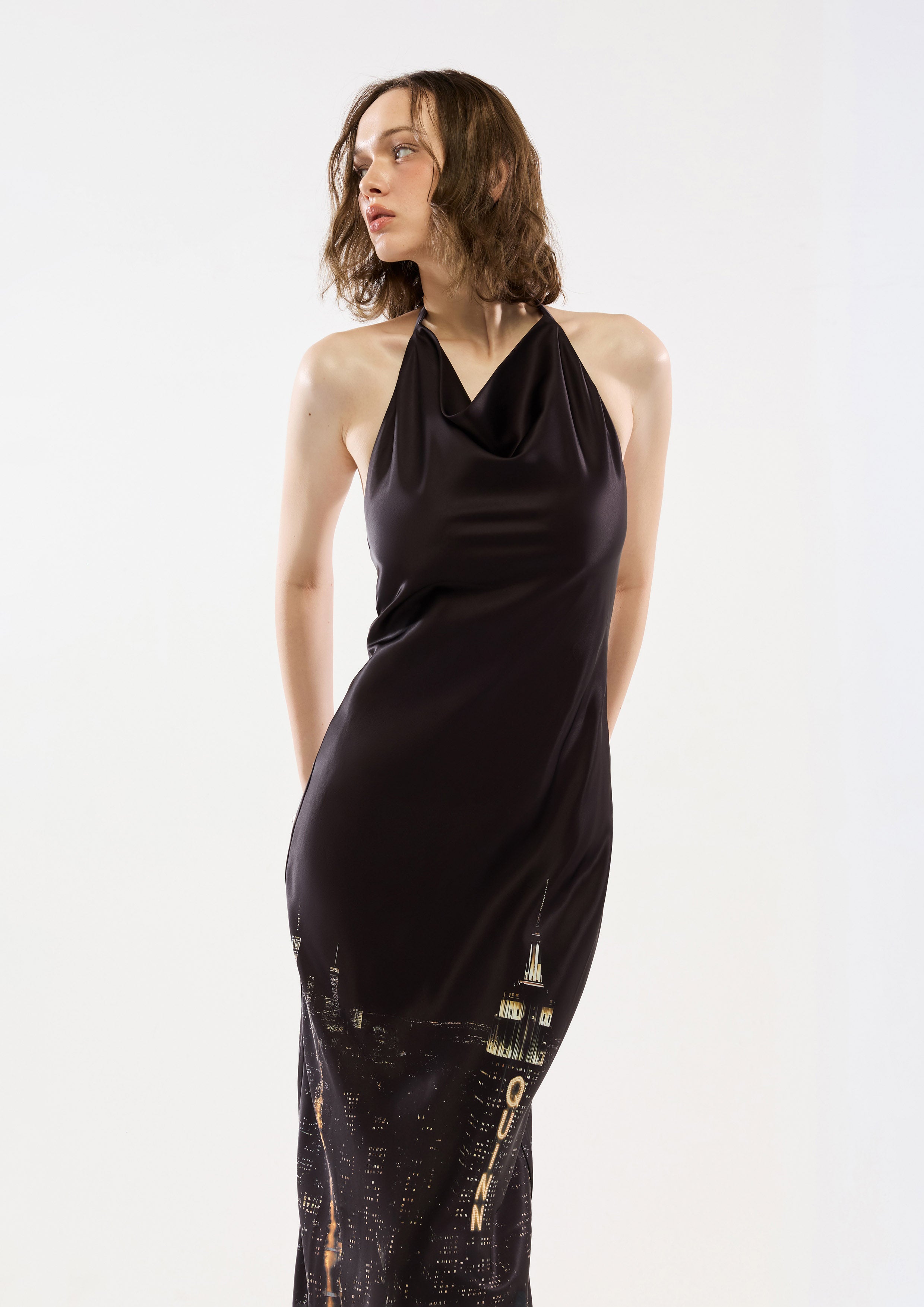 Print Satin Halter Midi Dress