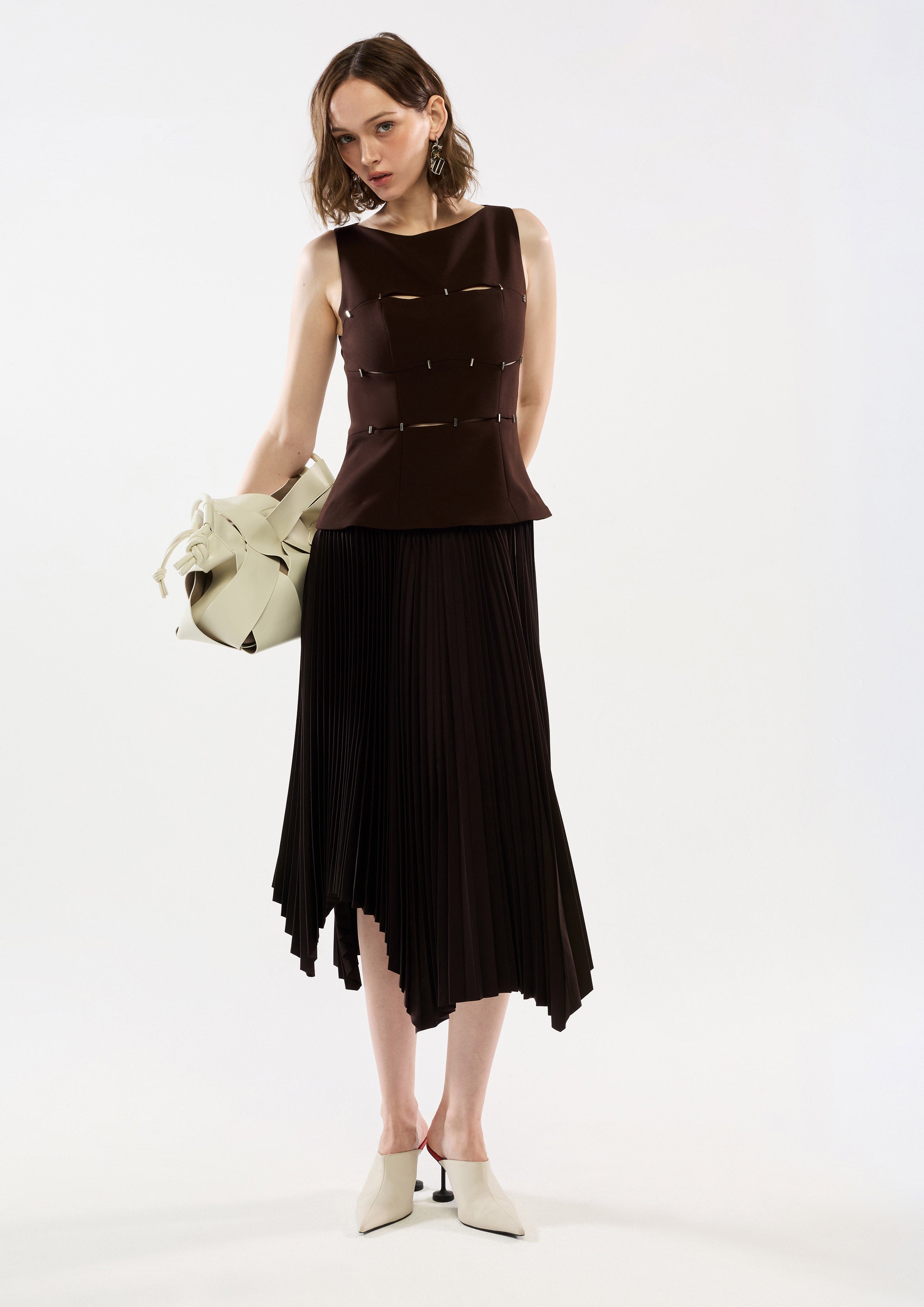 Cut-Out With Clip Pleated Handkerchief Skirt Midi Dress