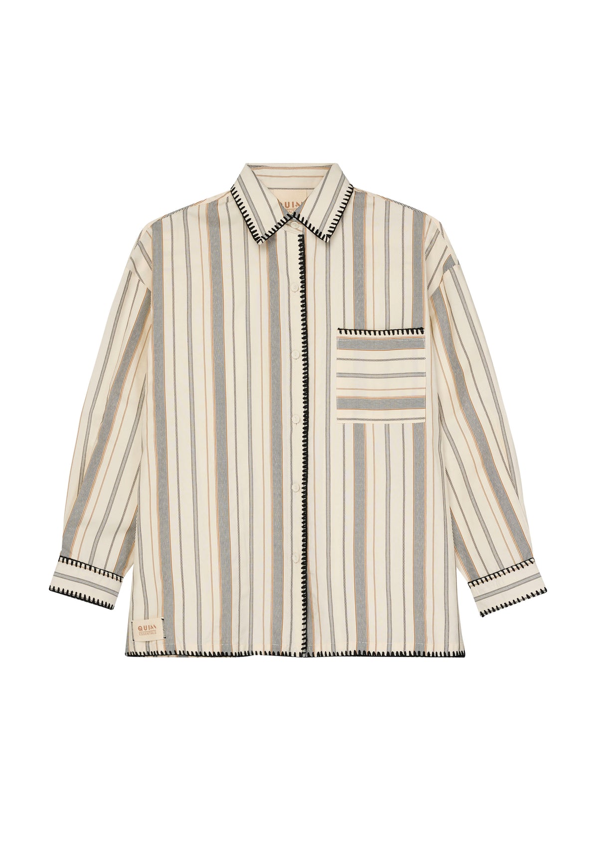 เสื้อเชิ้ตแขนยาวลายทางแต่งฝีตะเข็บคอนทราสต์
