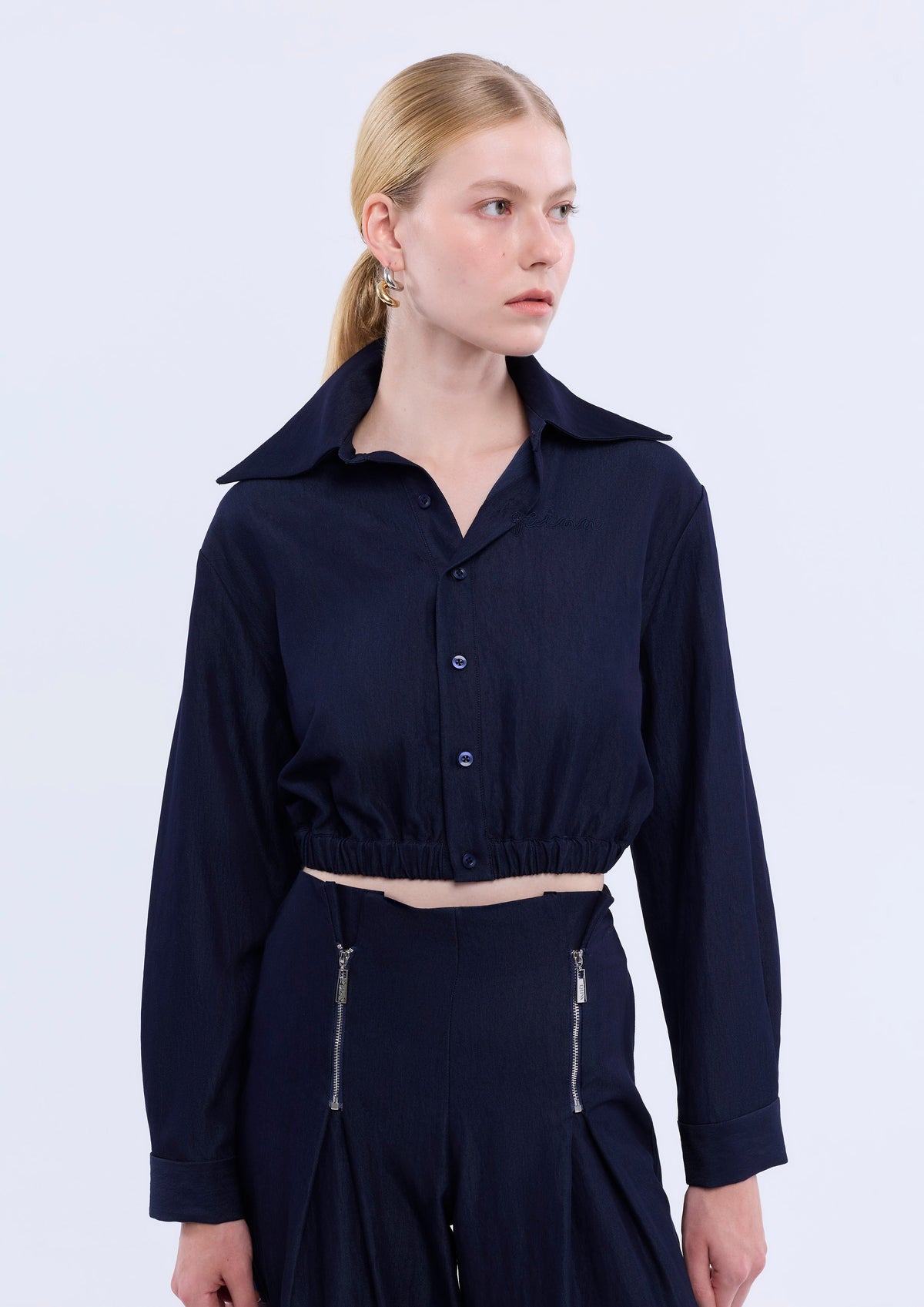 Logo Embroidered Denim Crop Shirt