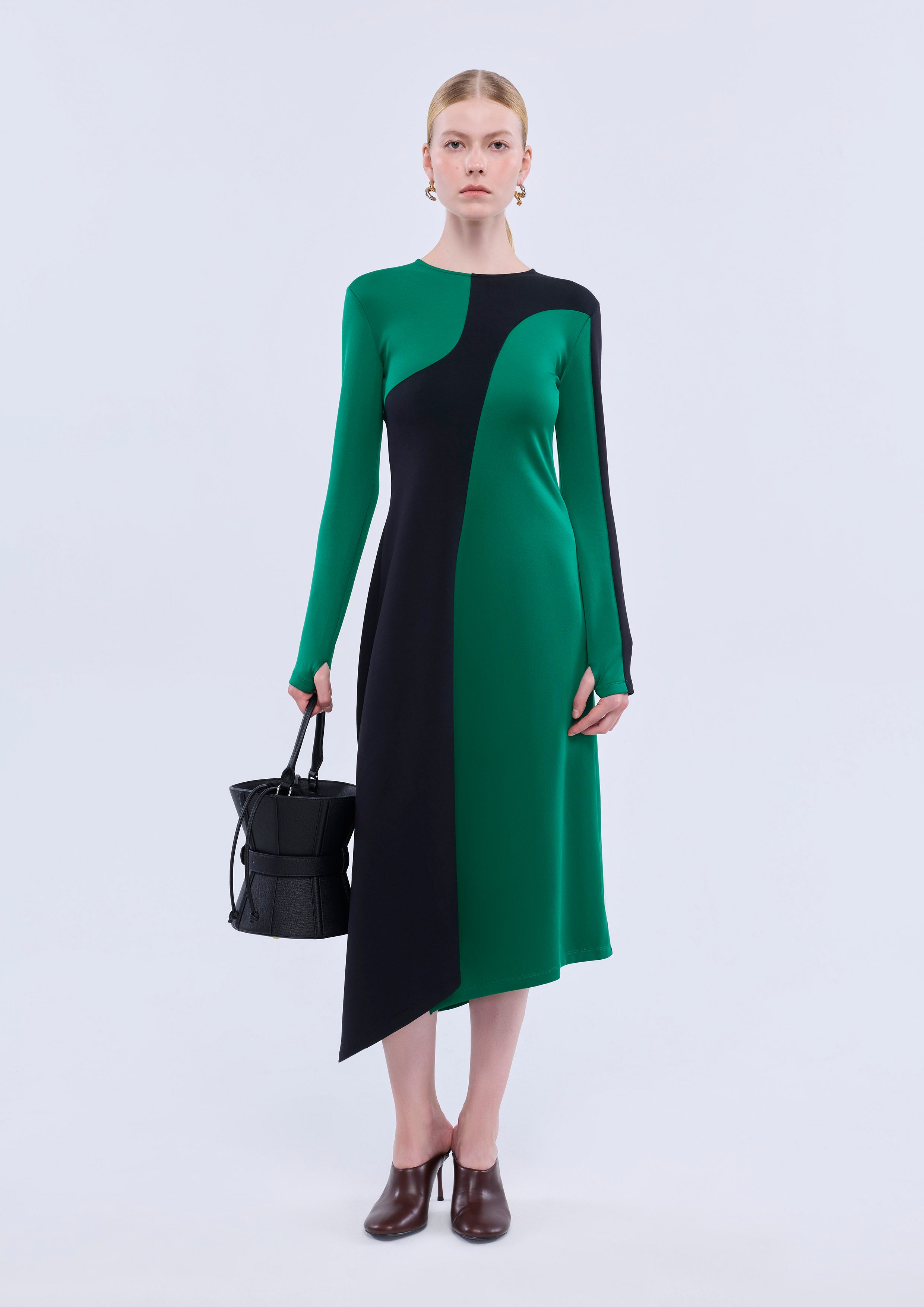 green and black colorblock dress XS Long Sleeve Midi Contrast collar elevates the