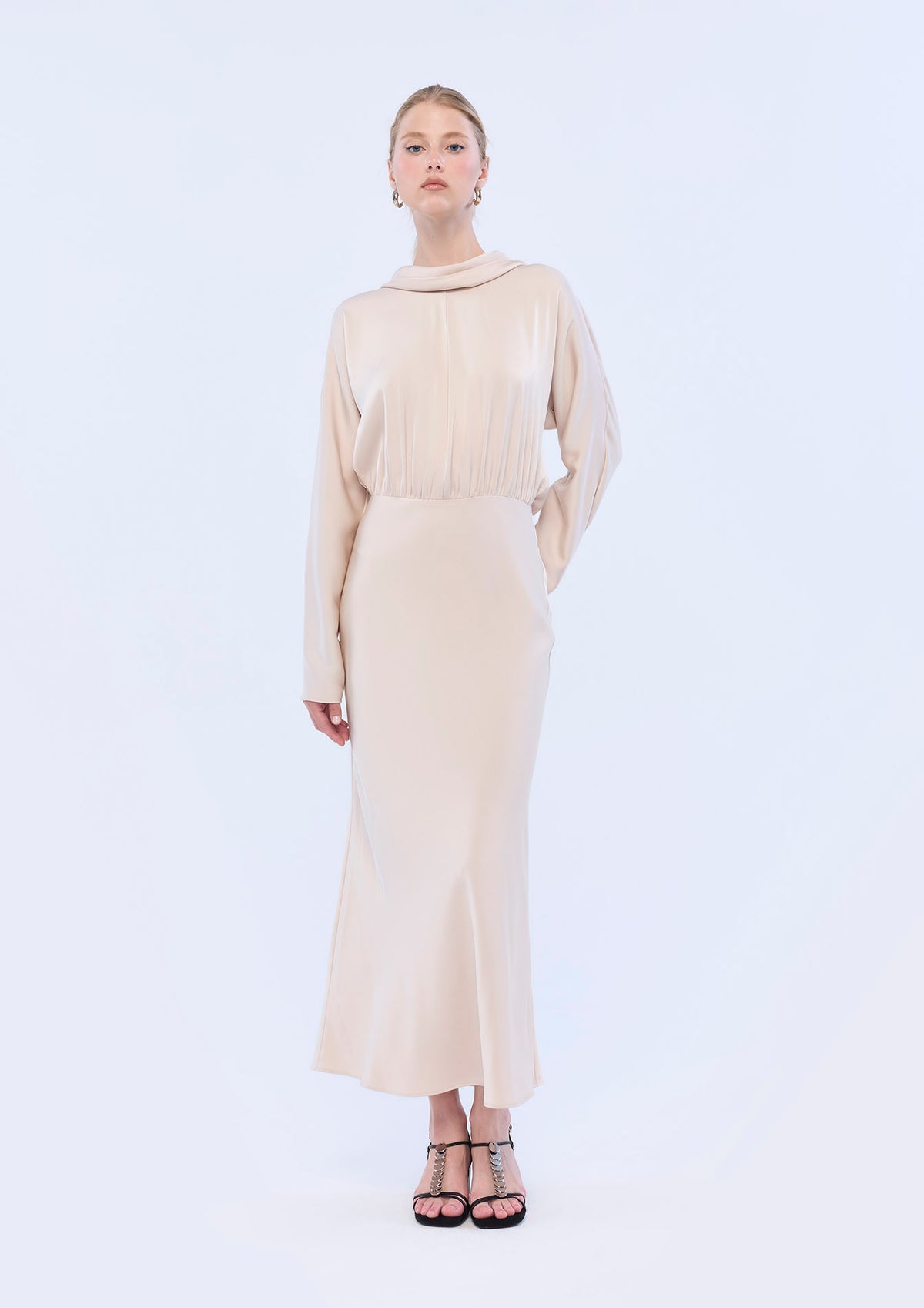 Satin Long Sleeve Midi Dress