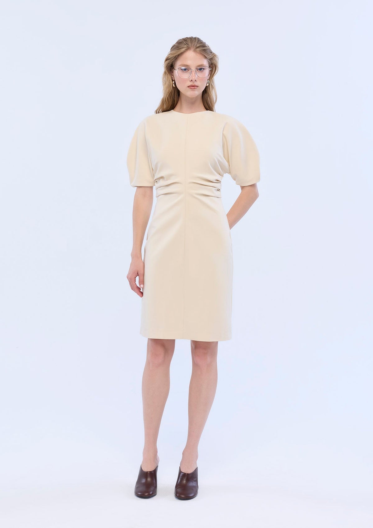 Cinched Waist Short Puff Sleeve Mini Dress