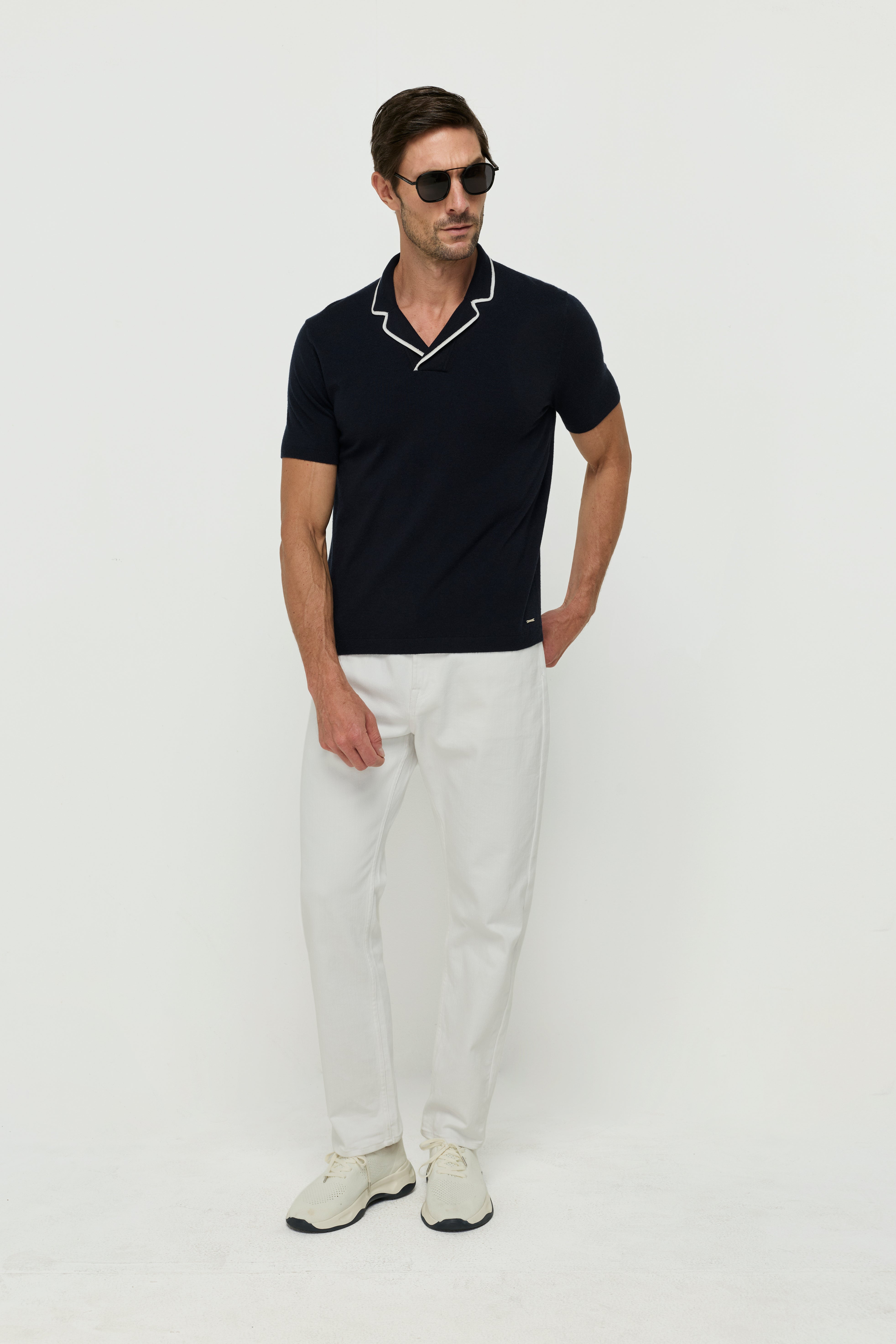 Contrast Piping Knit Polo Shirt Navy