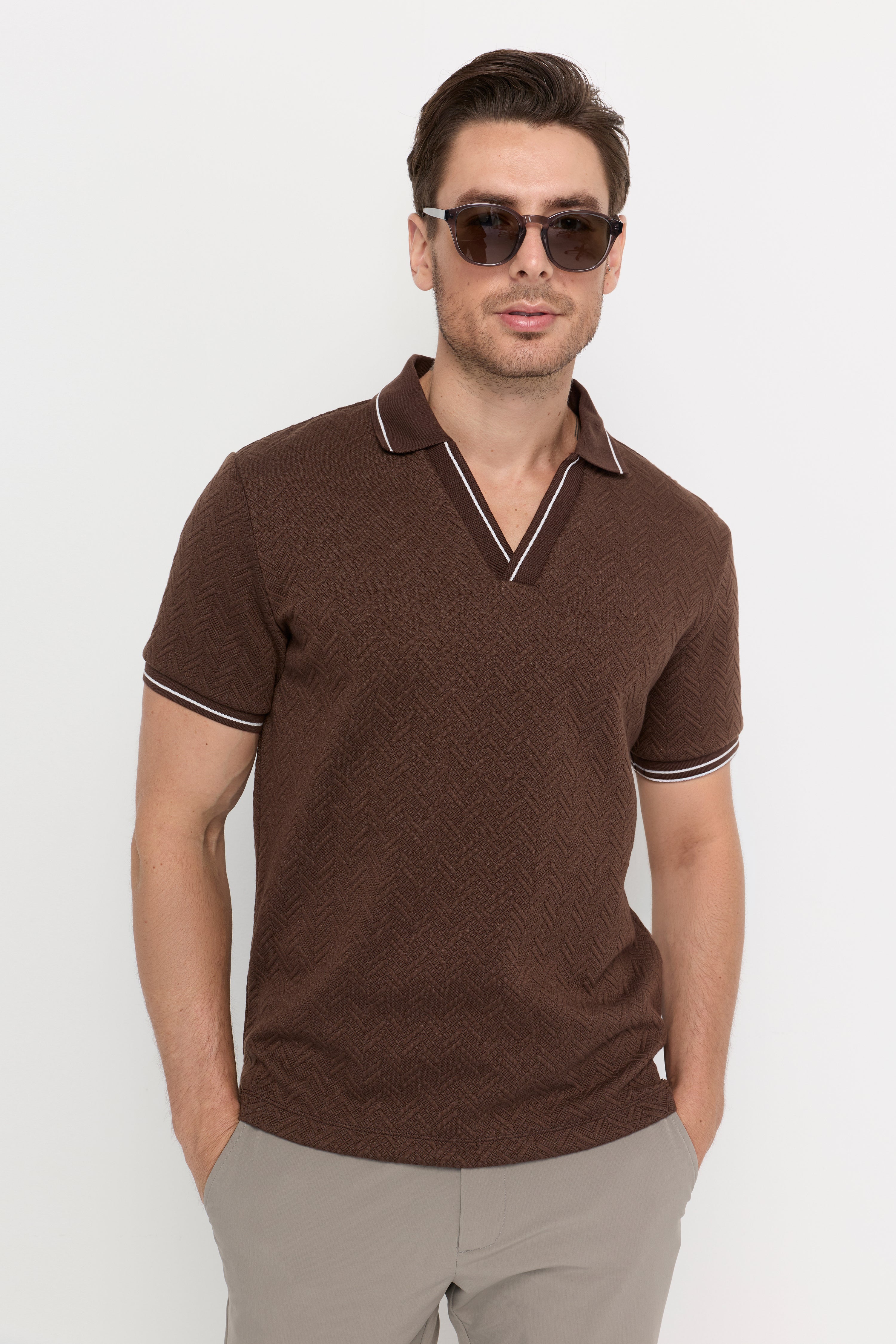 Jacquard Texture Open-Collar Polo Dark Brown