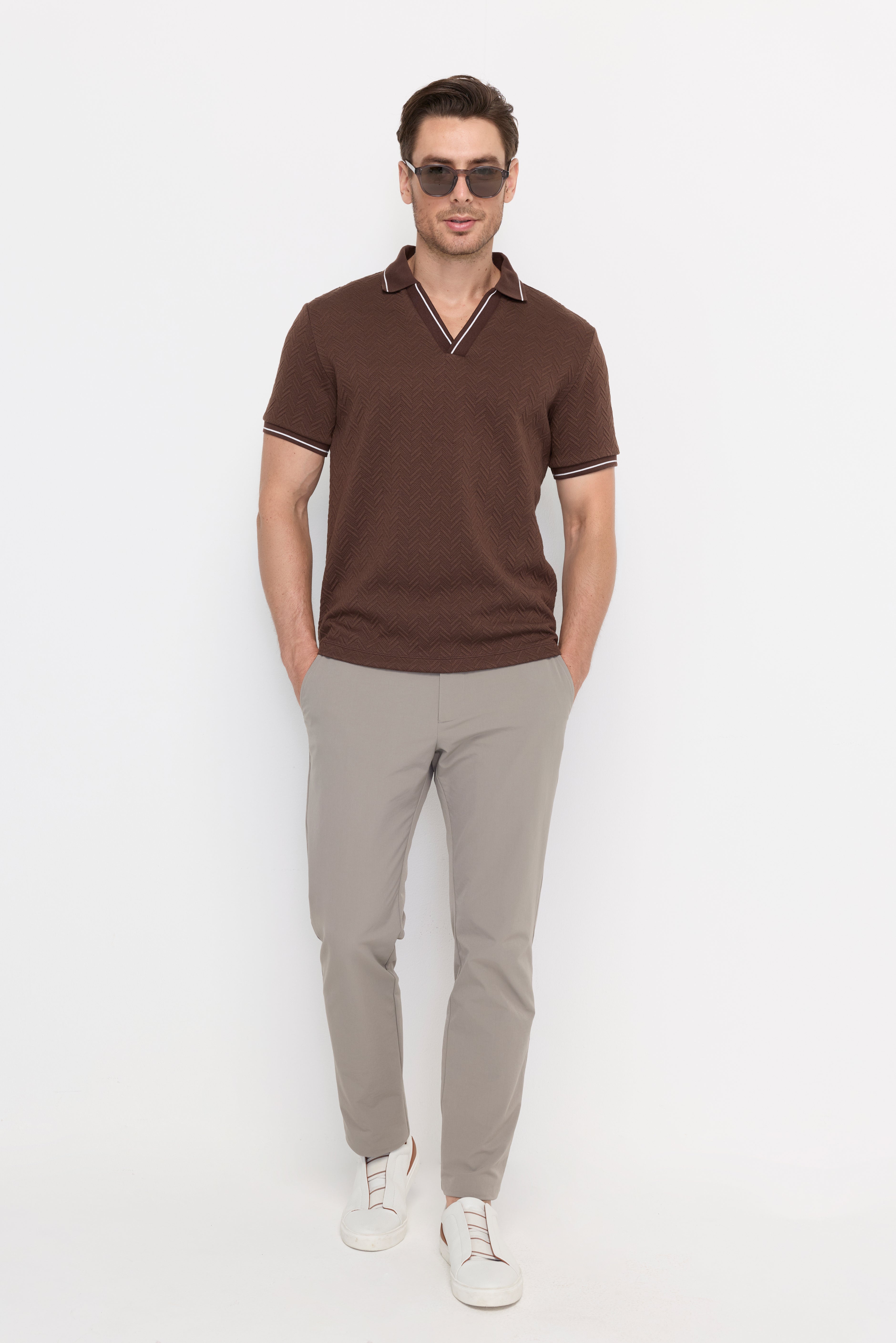 Jacquard Texture Open-Collar Polo Dark Brown