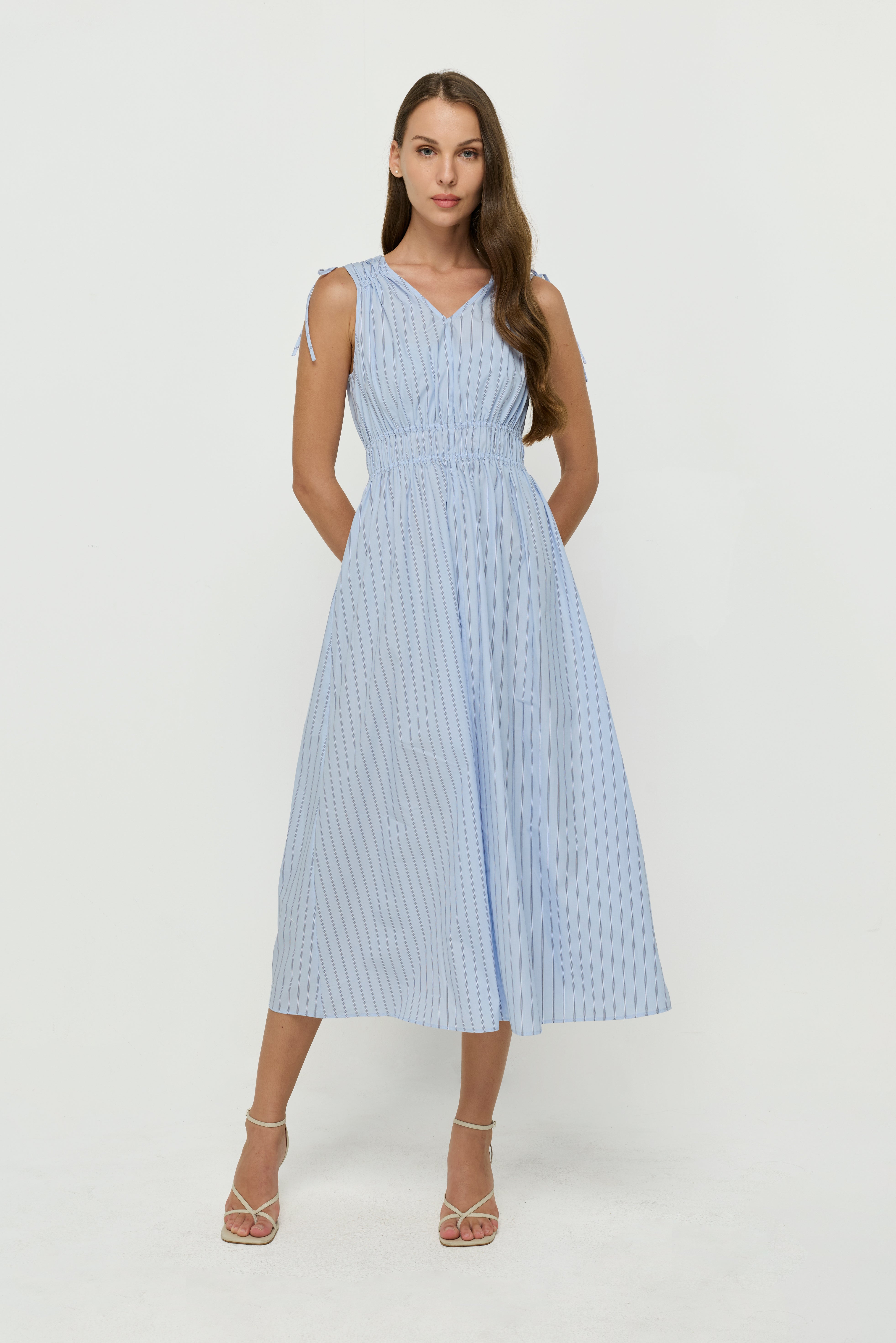 Gathered Tie-Shoulder Midi Dress Blue