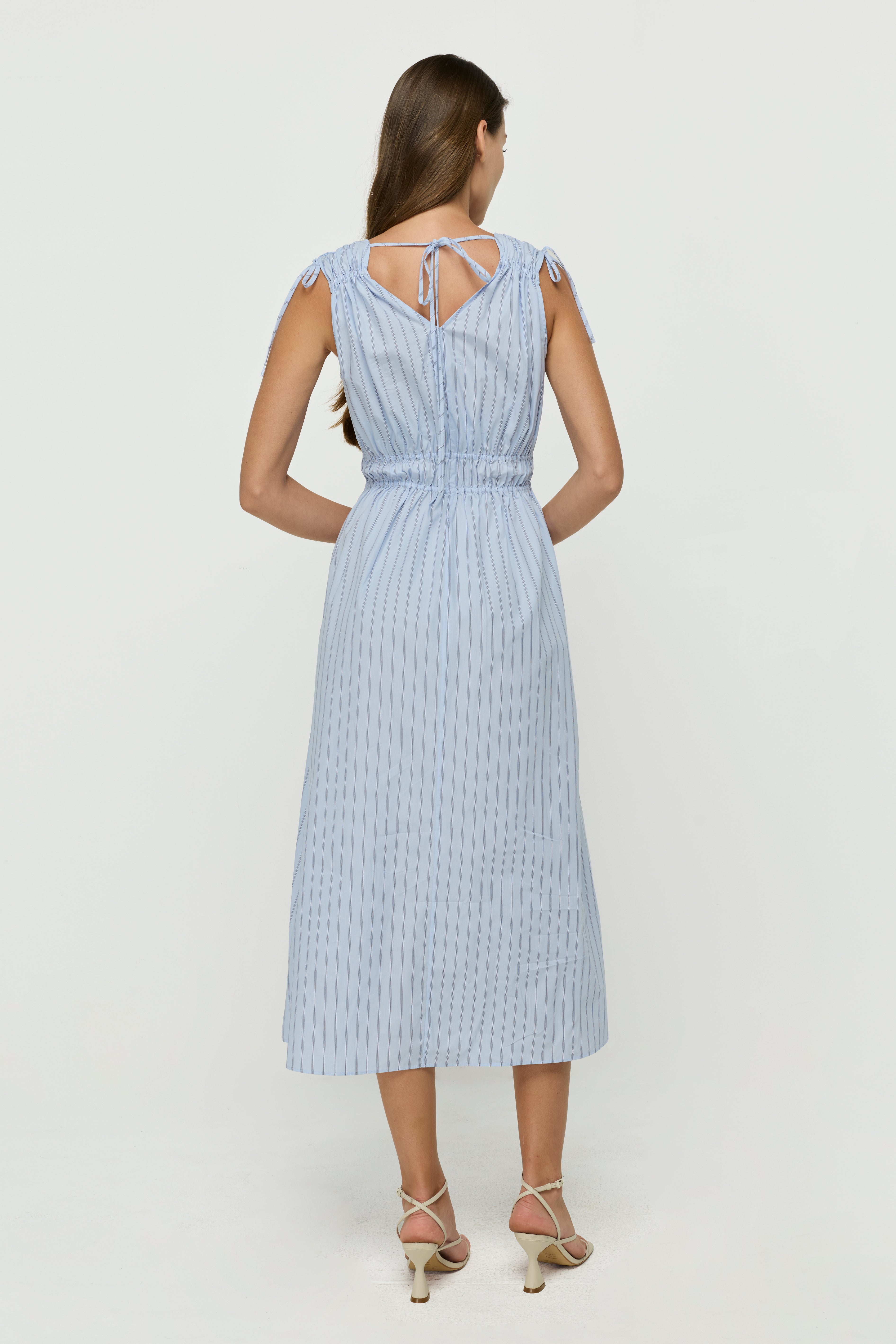 Gathered Tie-Shoulder Midi Dress Blue