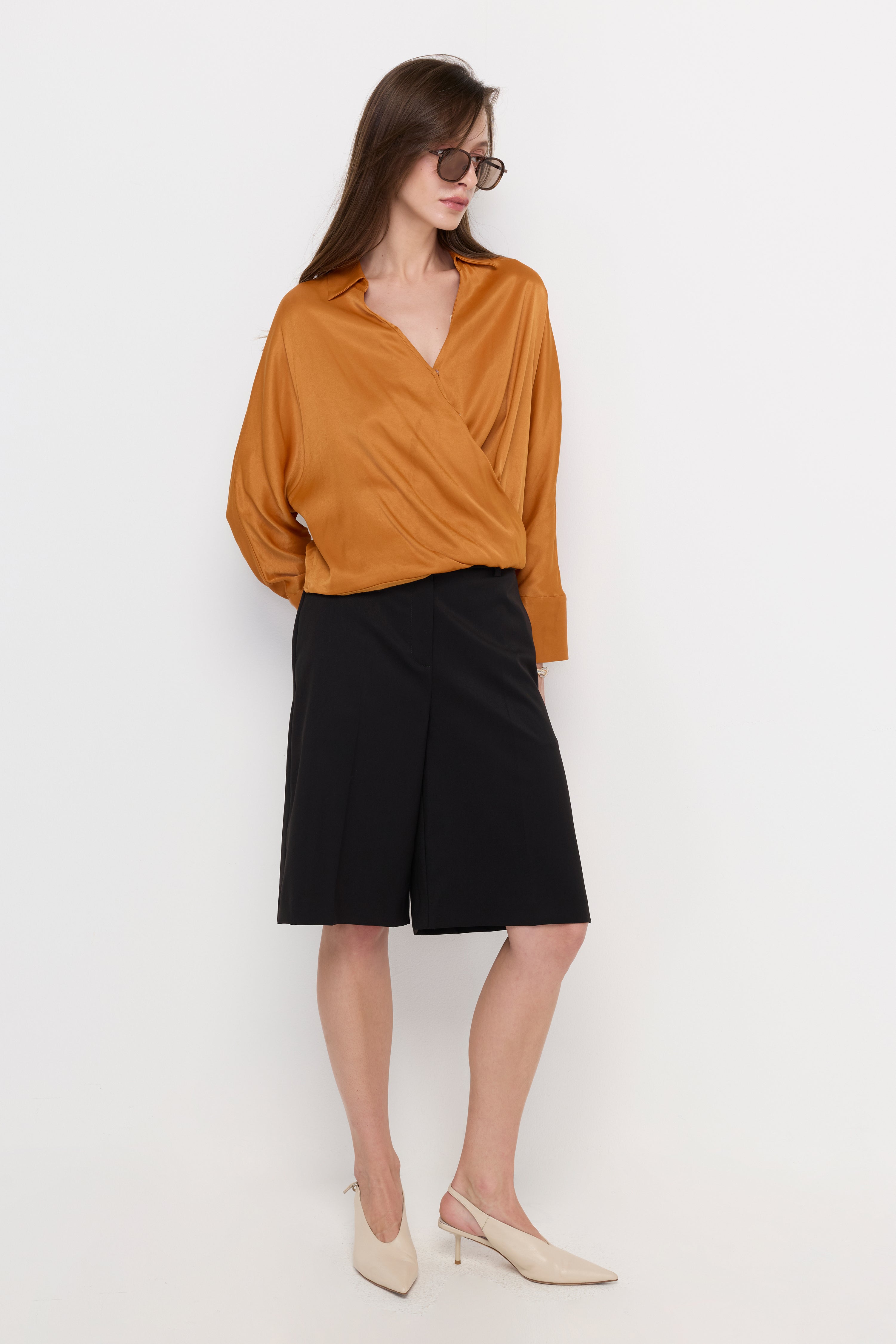 Draped Wrap Satin Blouse Yellow