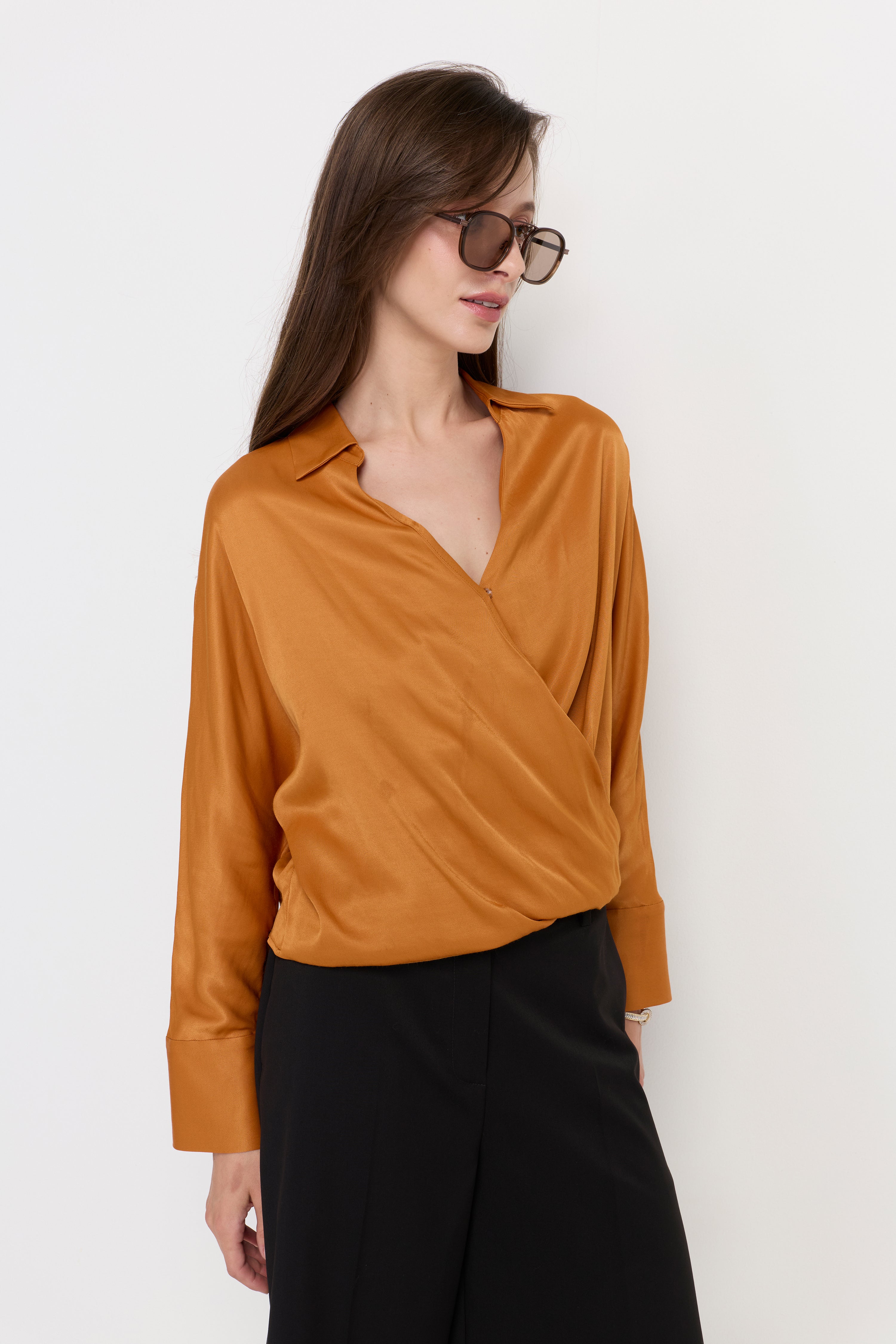 Draped Wrap Satin Blouse Yellow