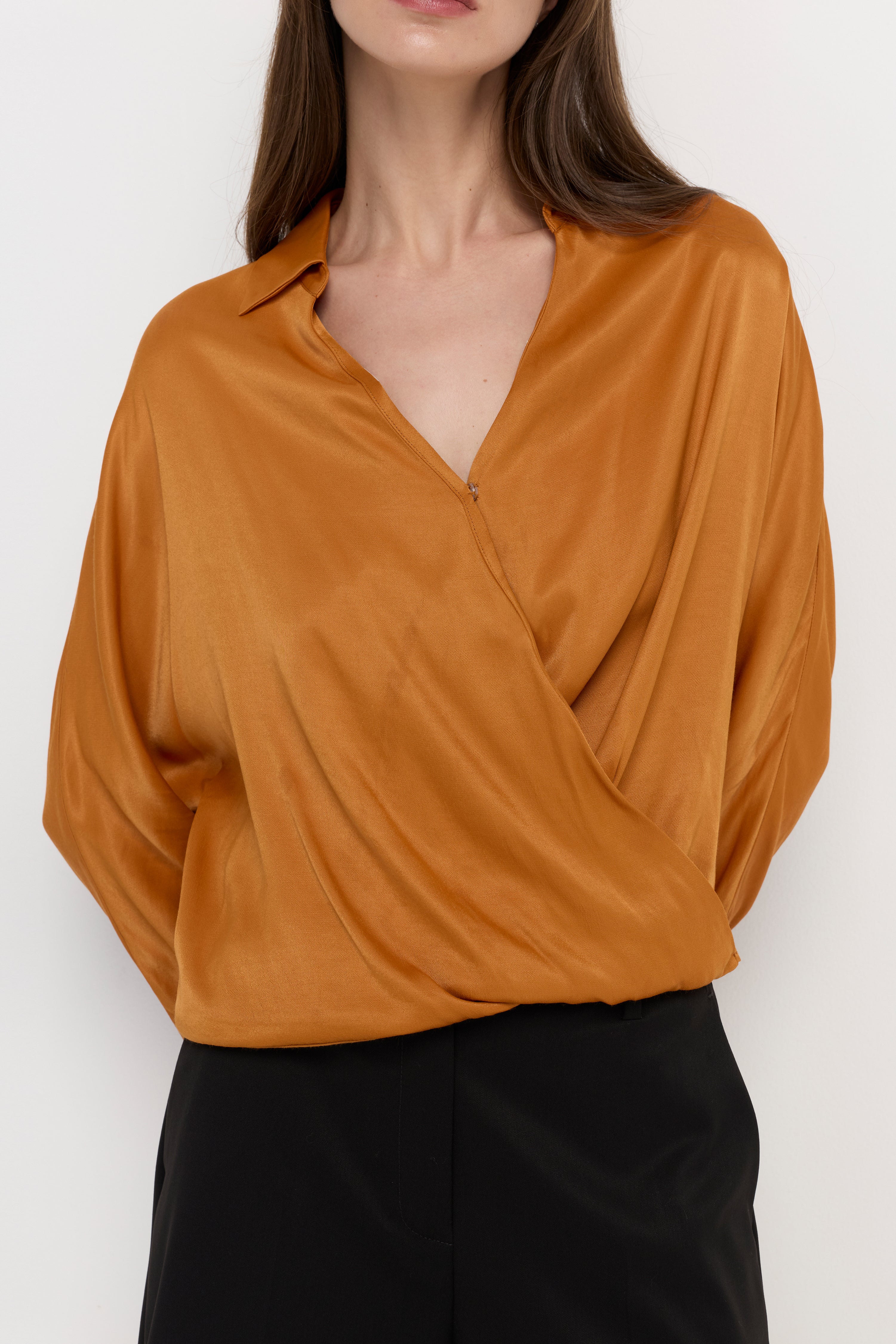 Draped Wrap Satin Blouse Yellow