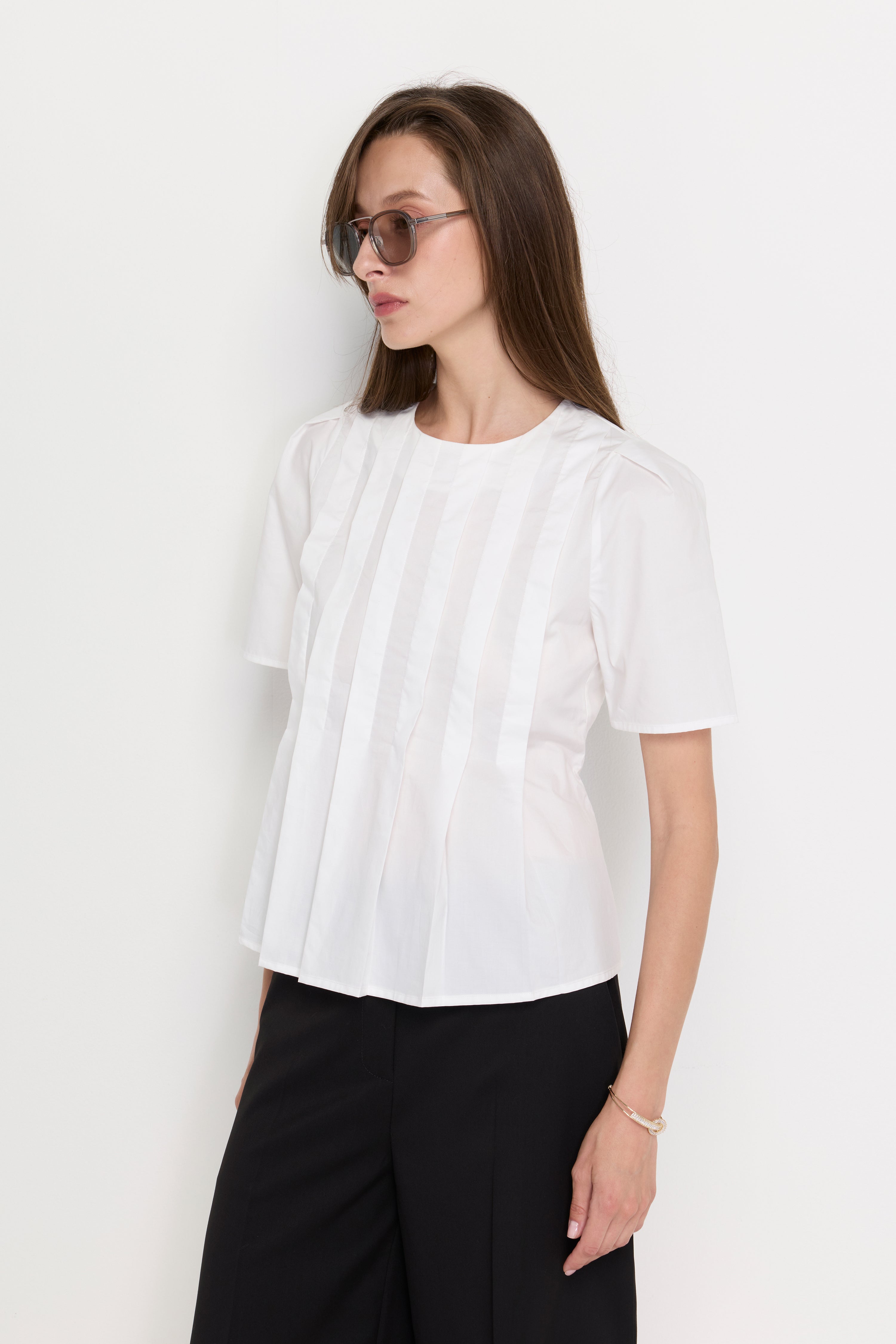 Pleated Front Peplum Blouse Cream