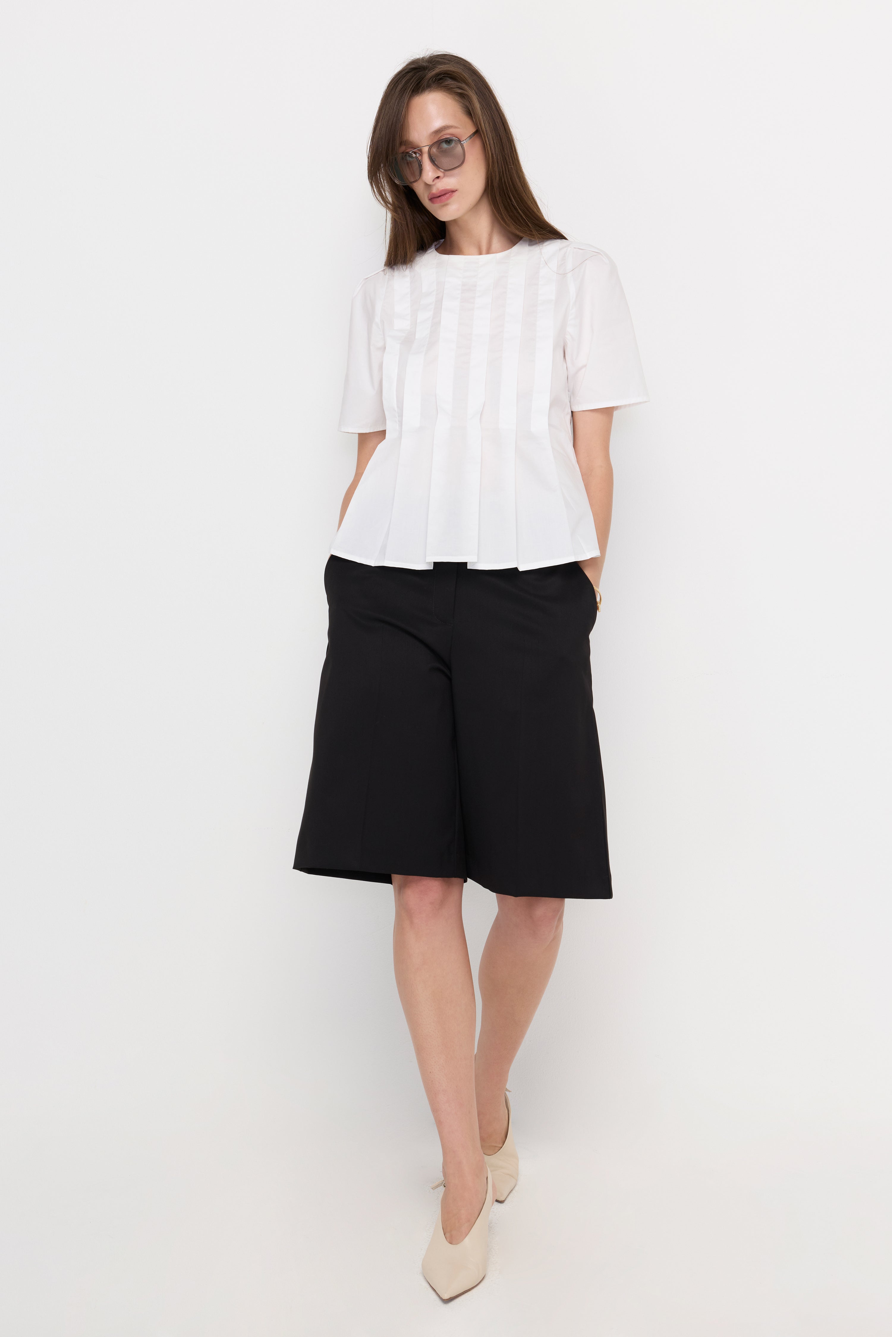 Pleated Front Peplum Blouse Cream
