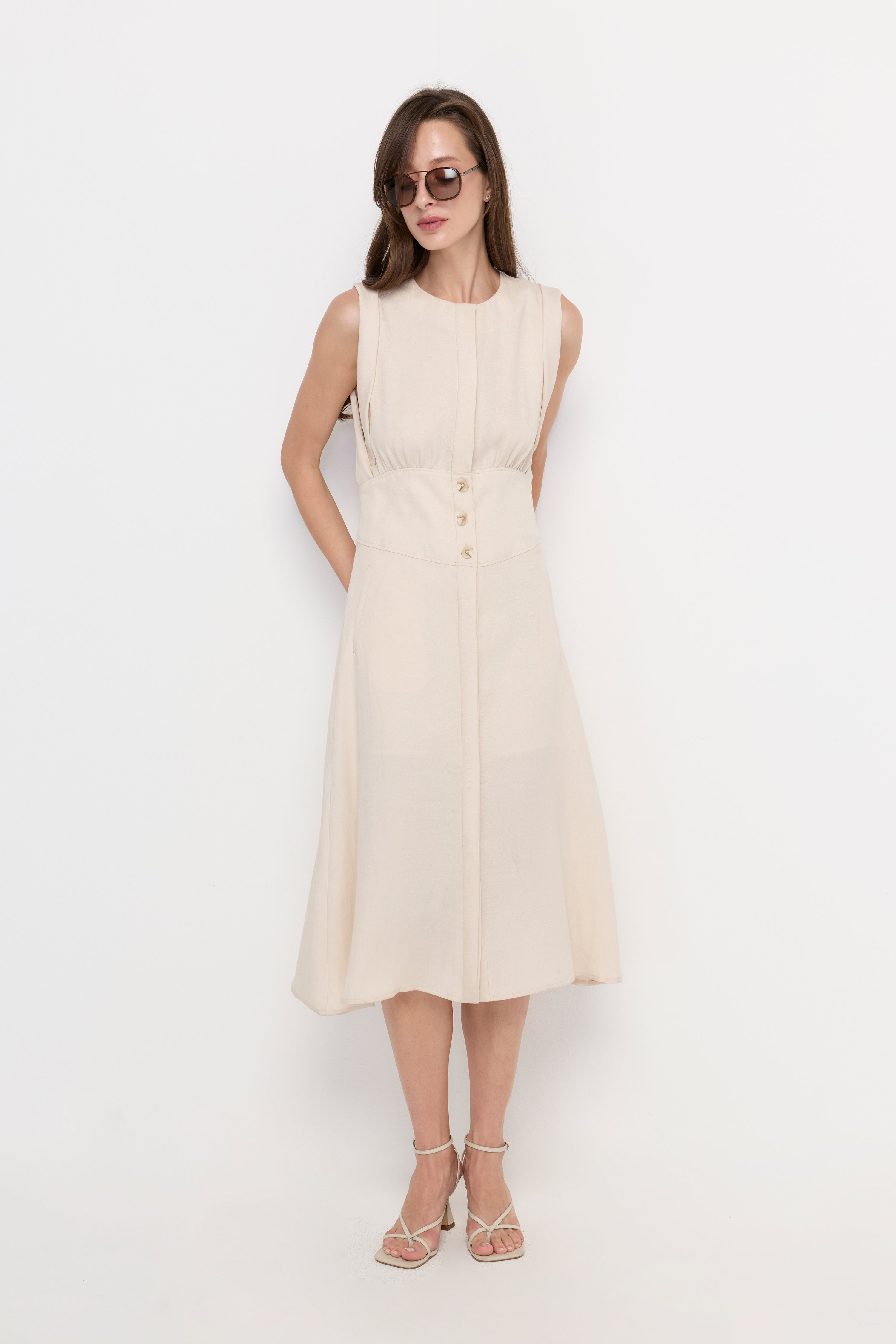 Seraphine Button-Front Midi Dress Beige