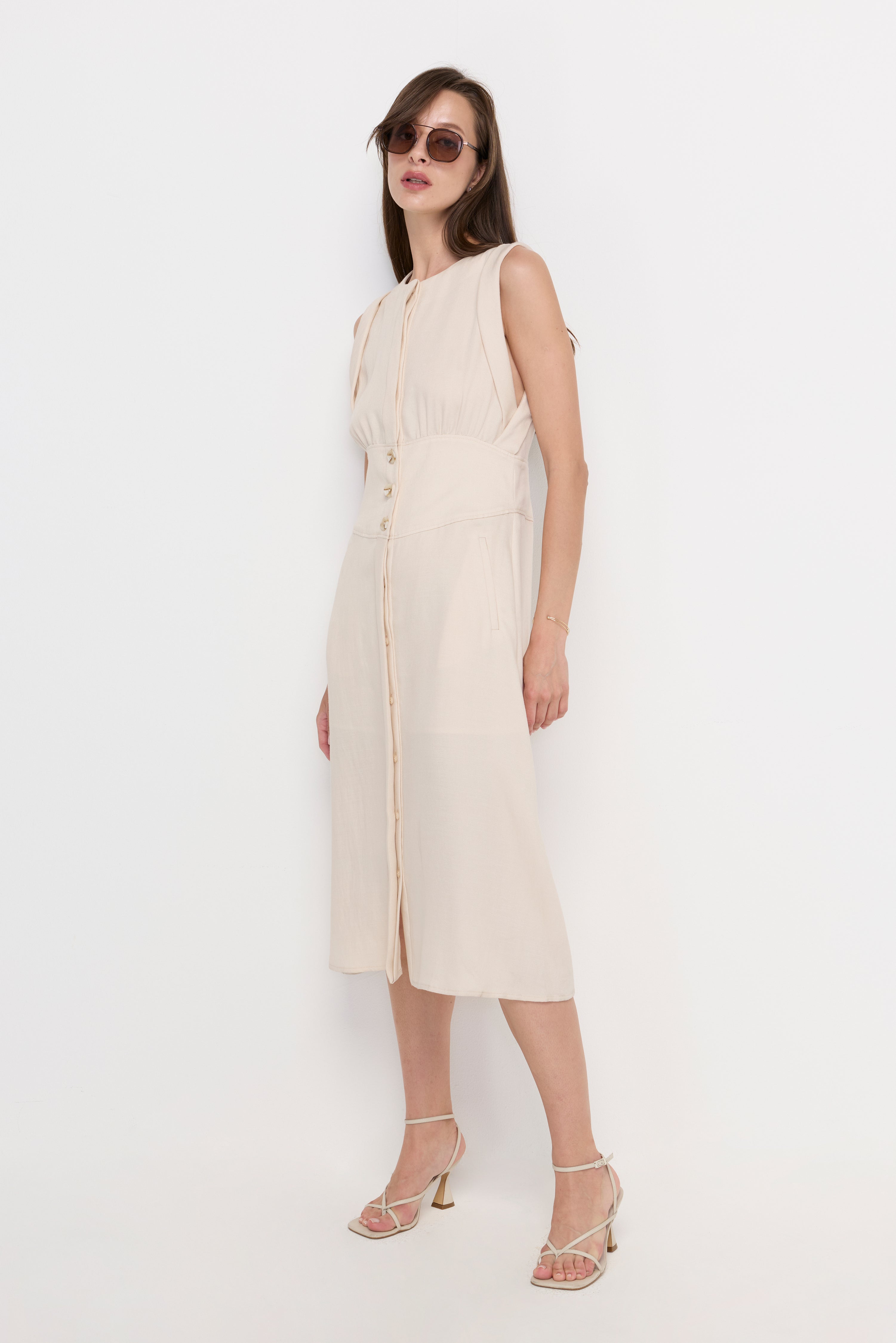Seraphine Button-Front Midi Dress Beige