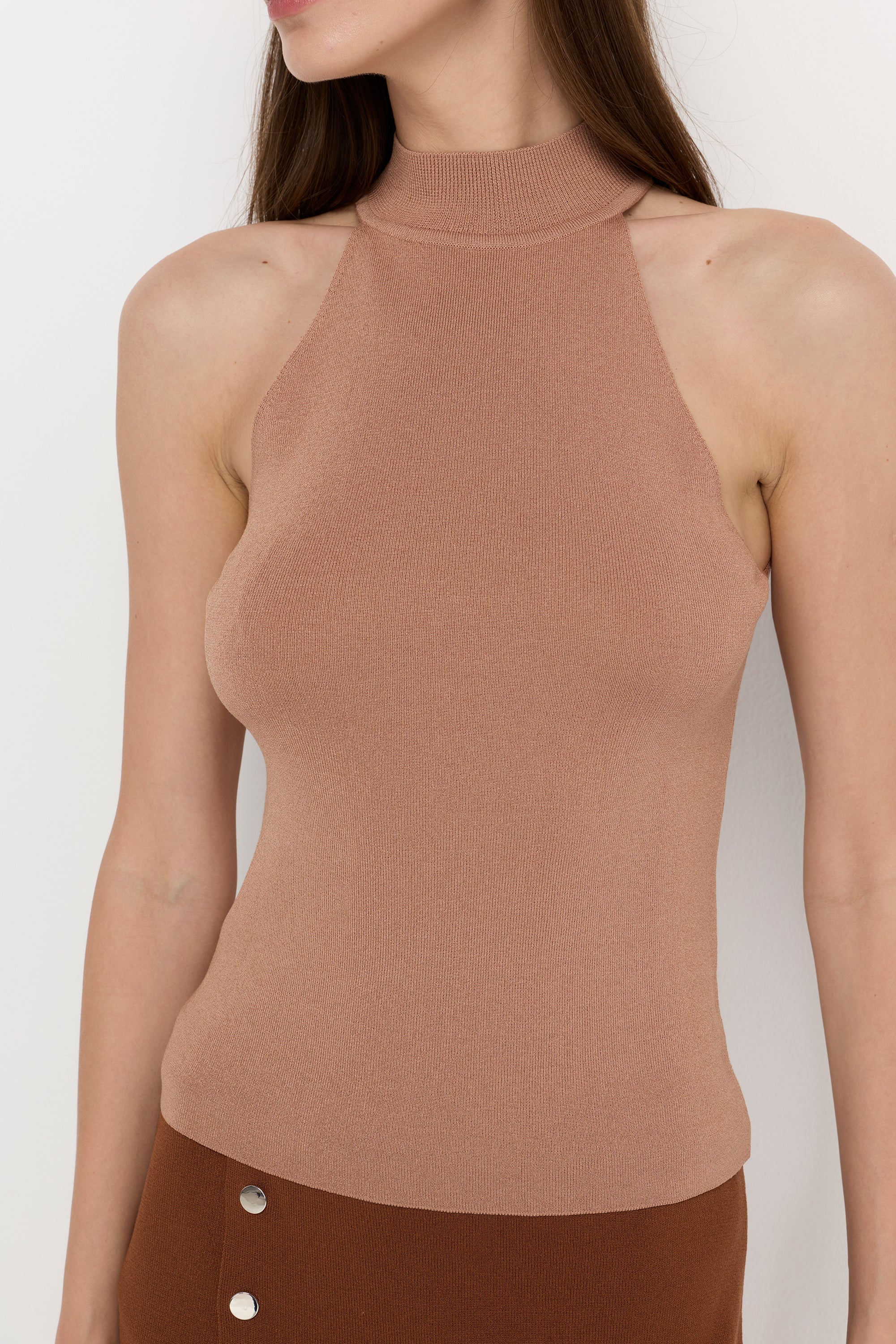 Mock Neck Halter Knit Top Brown