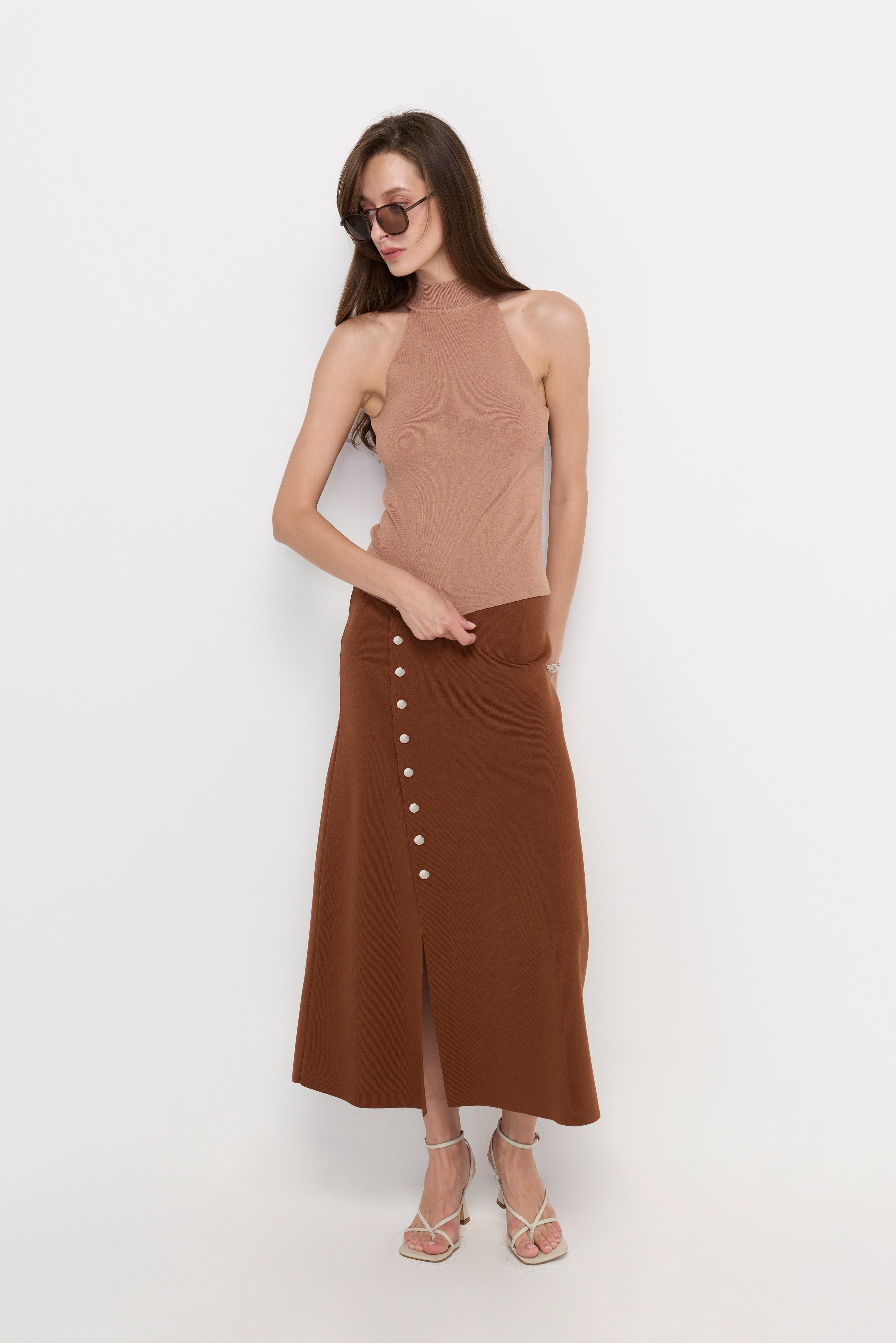 Mock Neck Halter Knit Top Brown