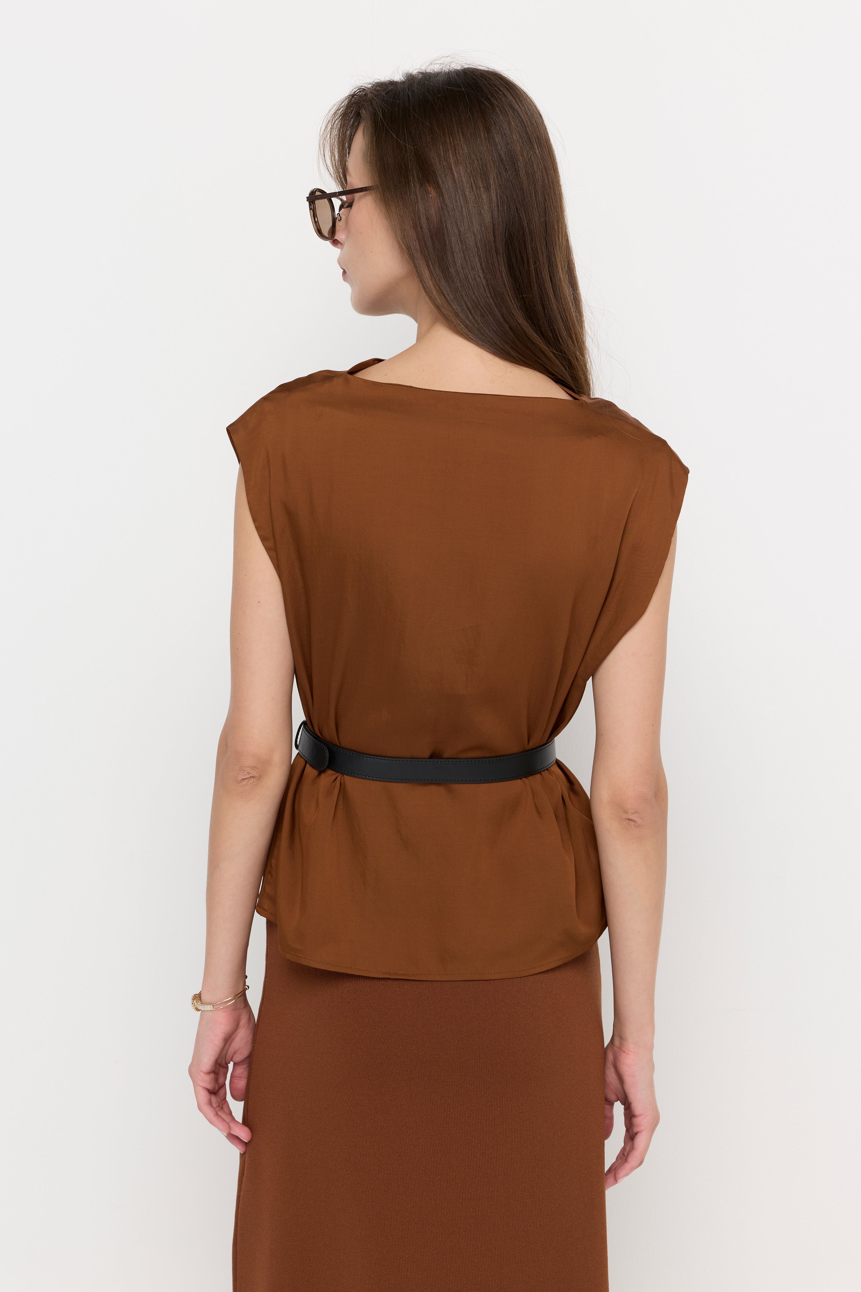Draped Satin Belted Blouse Brown