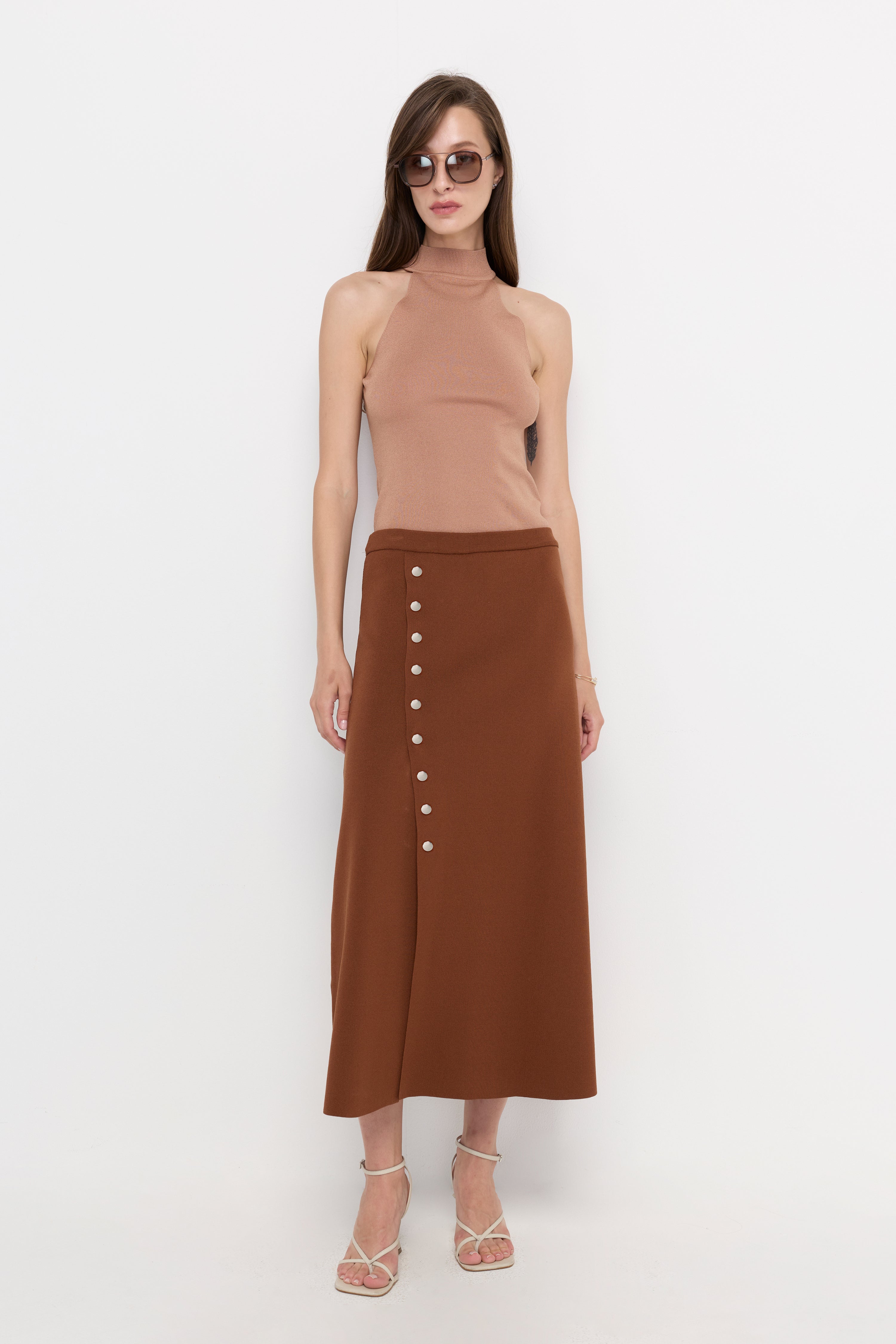 Snap Button Wrap Midi Skirt Brown