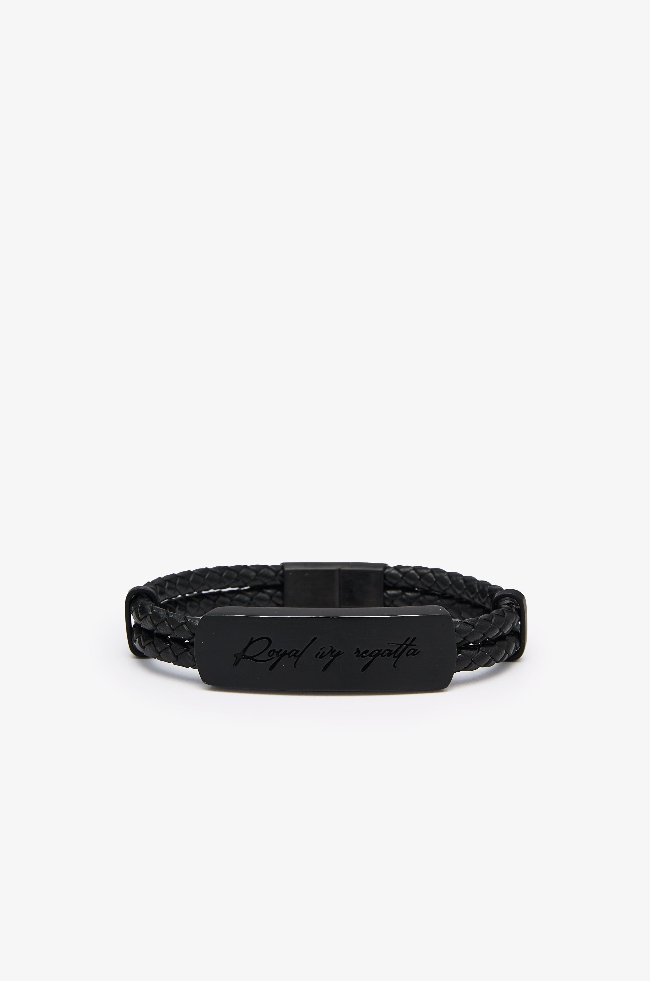 Braided Leather Logo Plaque Bracelet Black