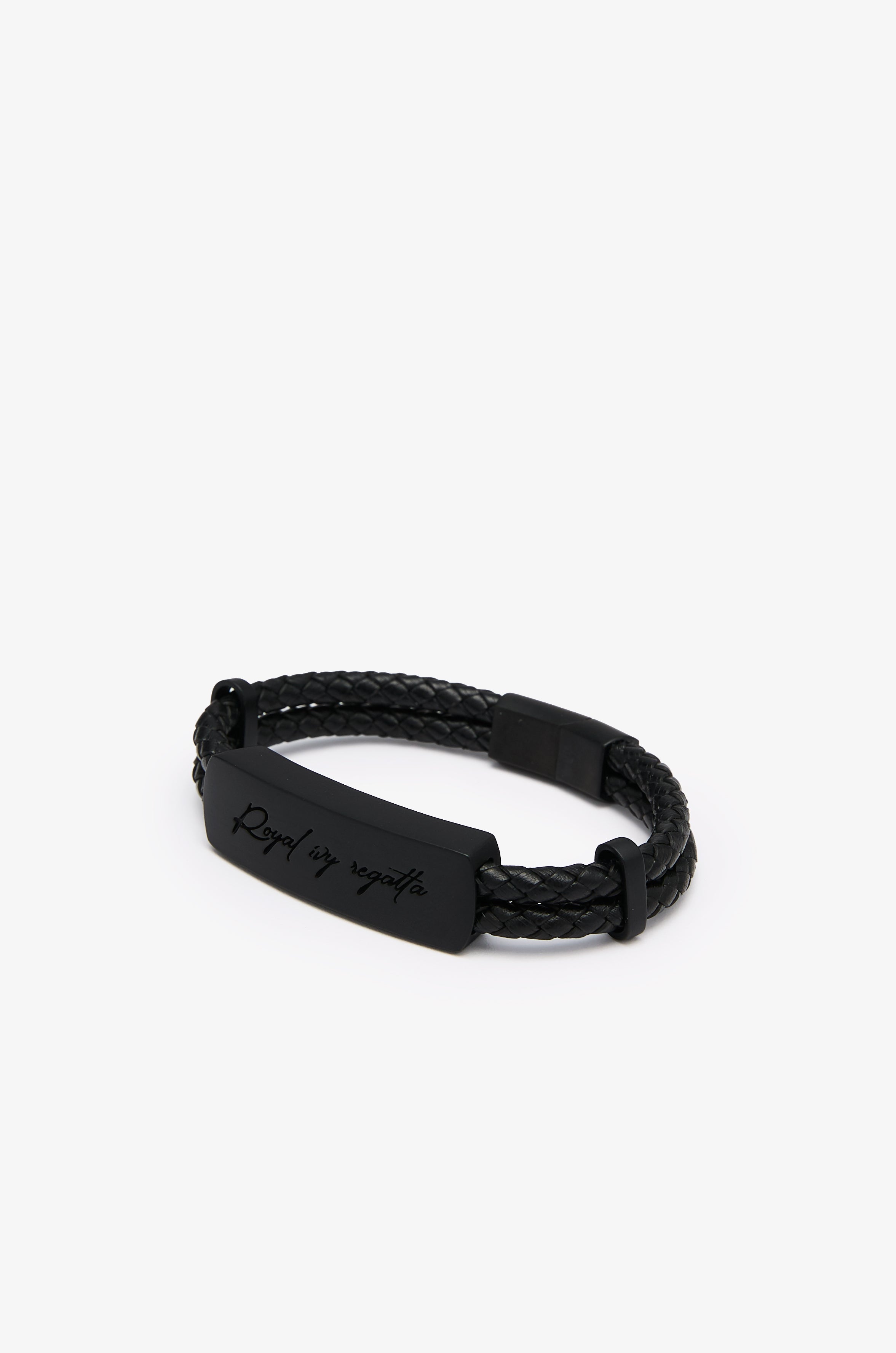 Braided Leather Logo Plaque Bracelet Black