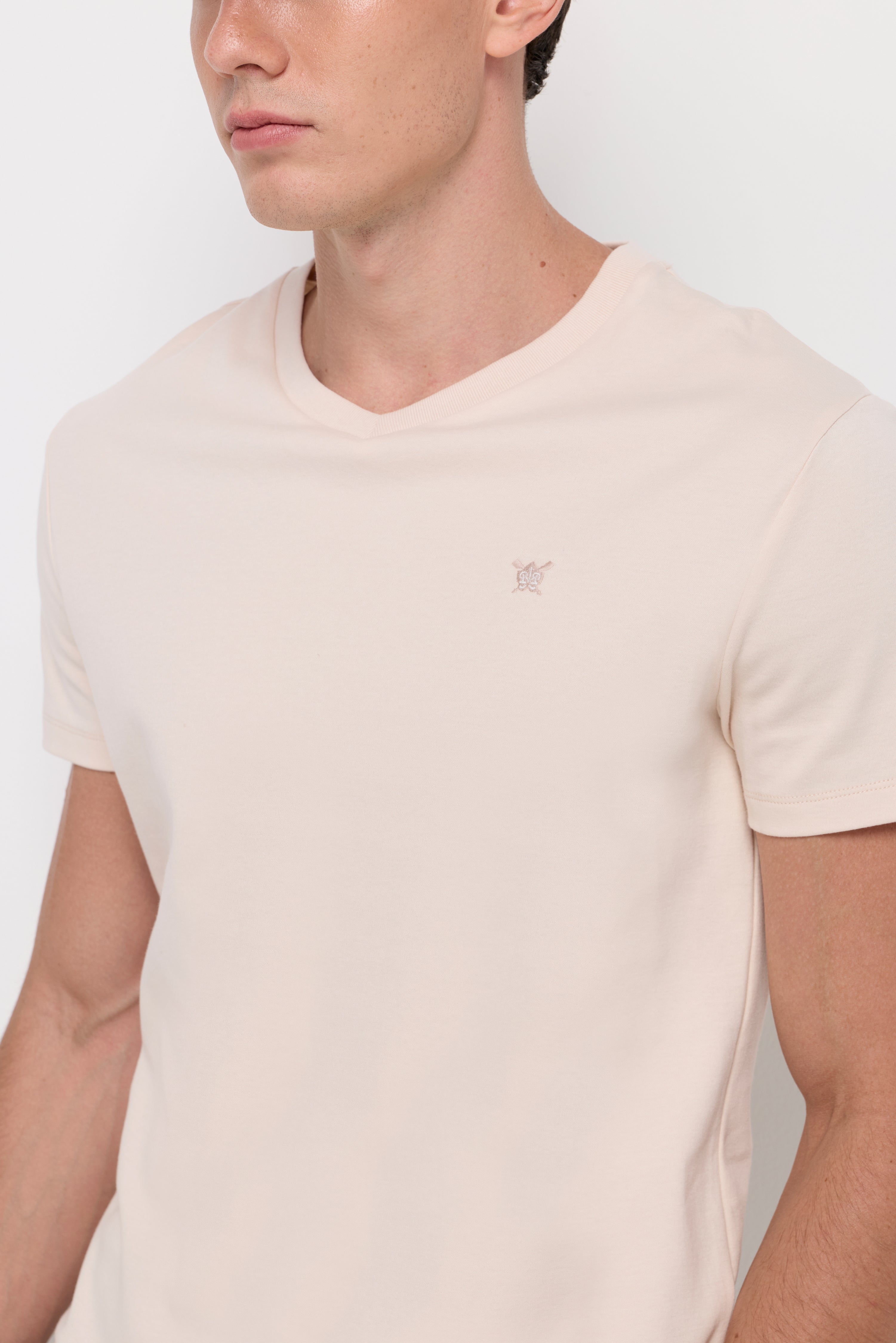 V Neck T-Shirt Cotton Jersey Beige