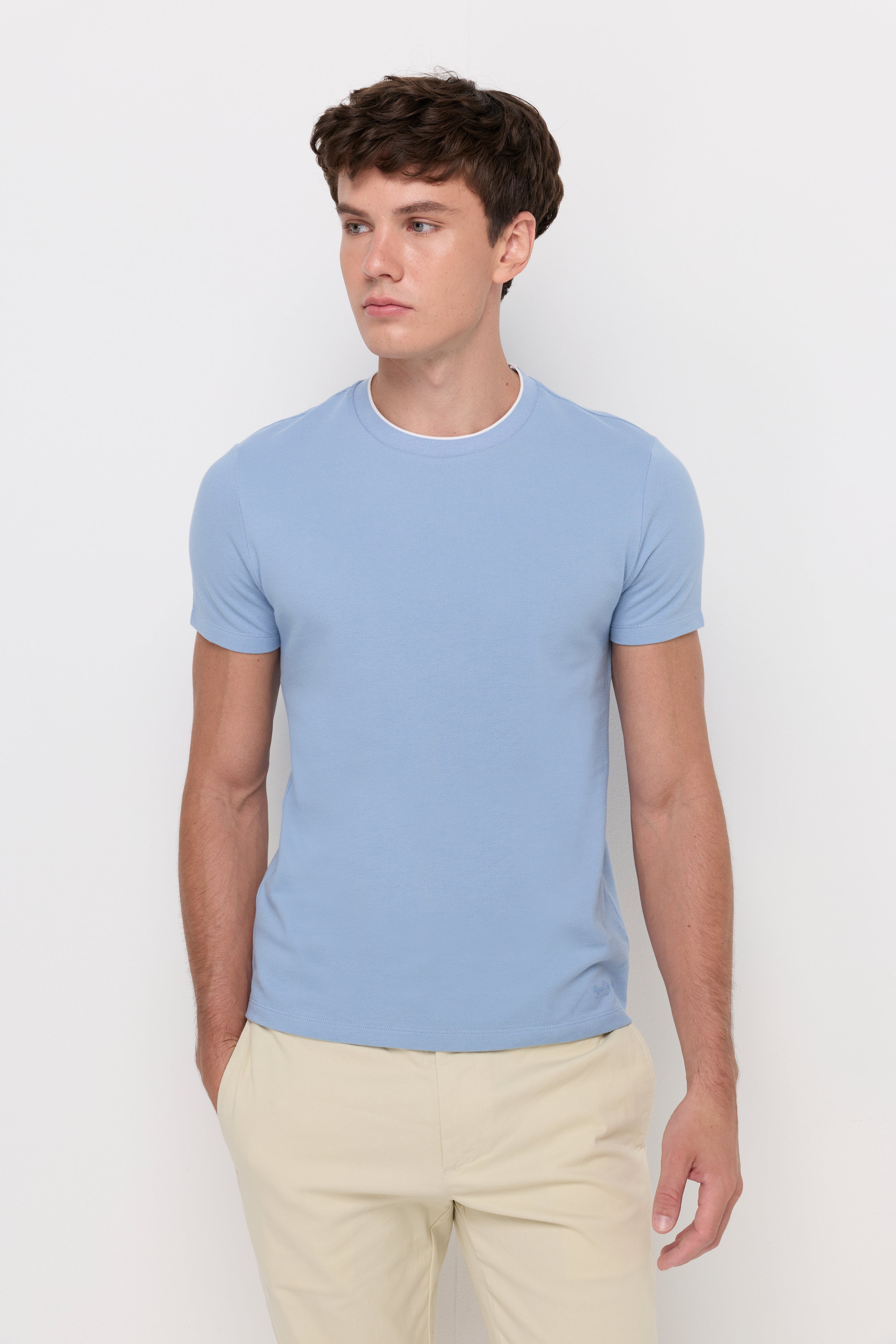 Pique Short Sleeve Round Neck T-Shirt Light Blue