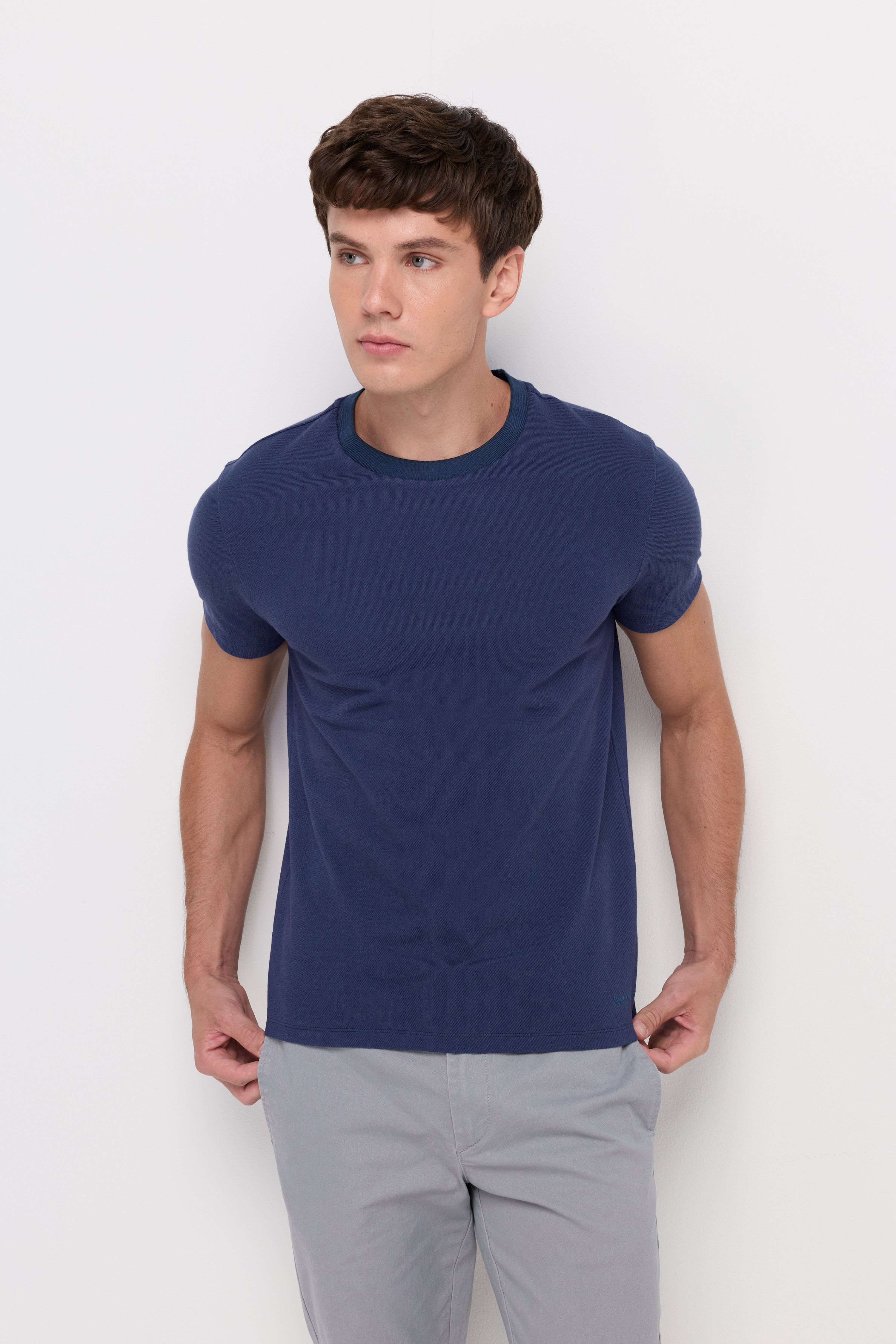 Pique Short Sleeve Round Neck T-Shirt Navy