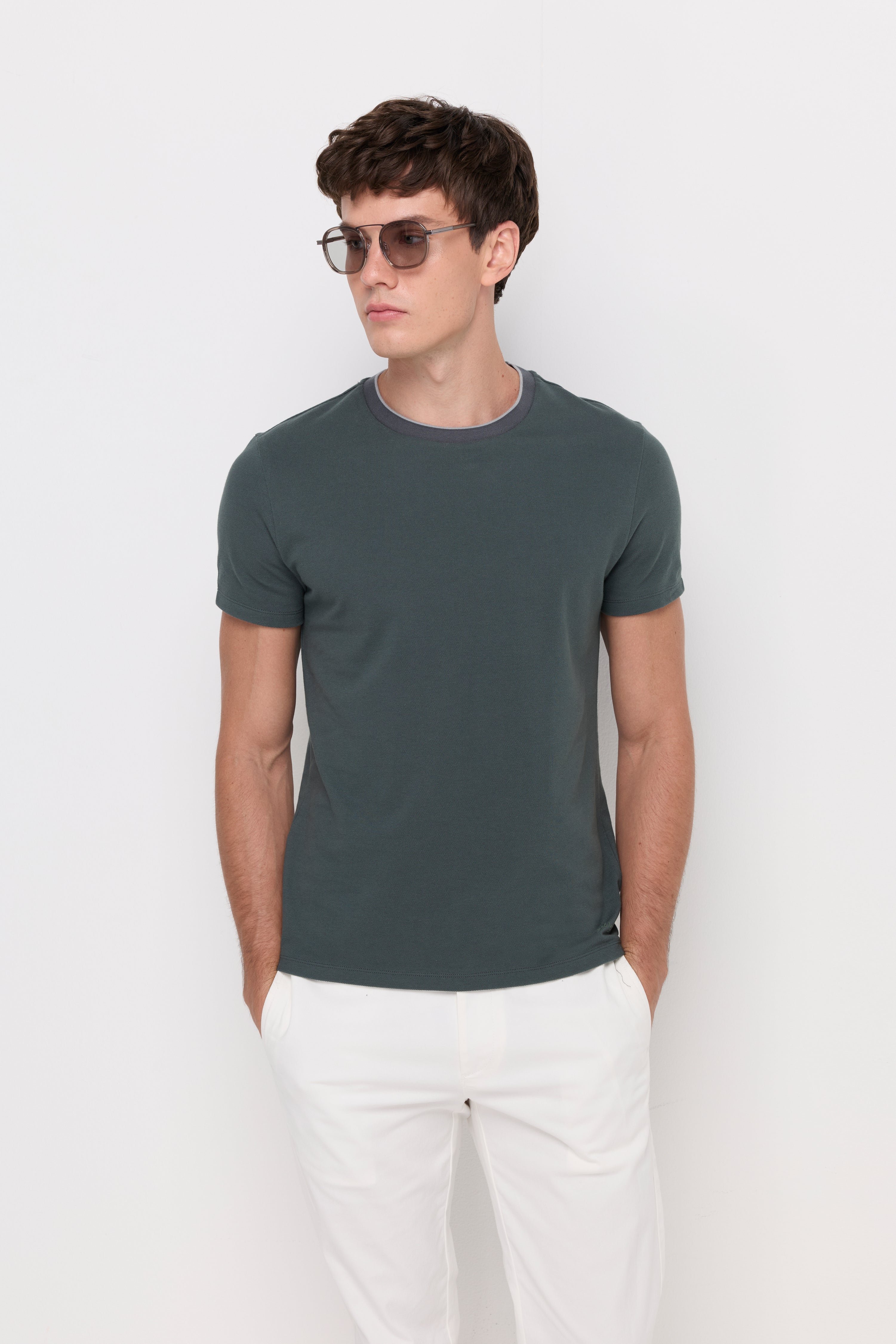 Pique Short Sleeve Round Neck T-Shirt Dark Green