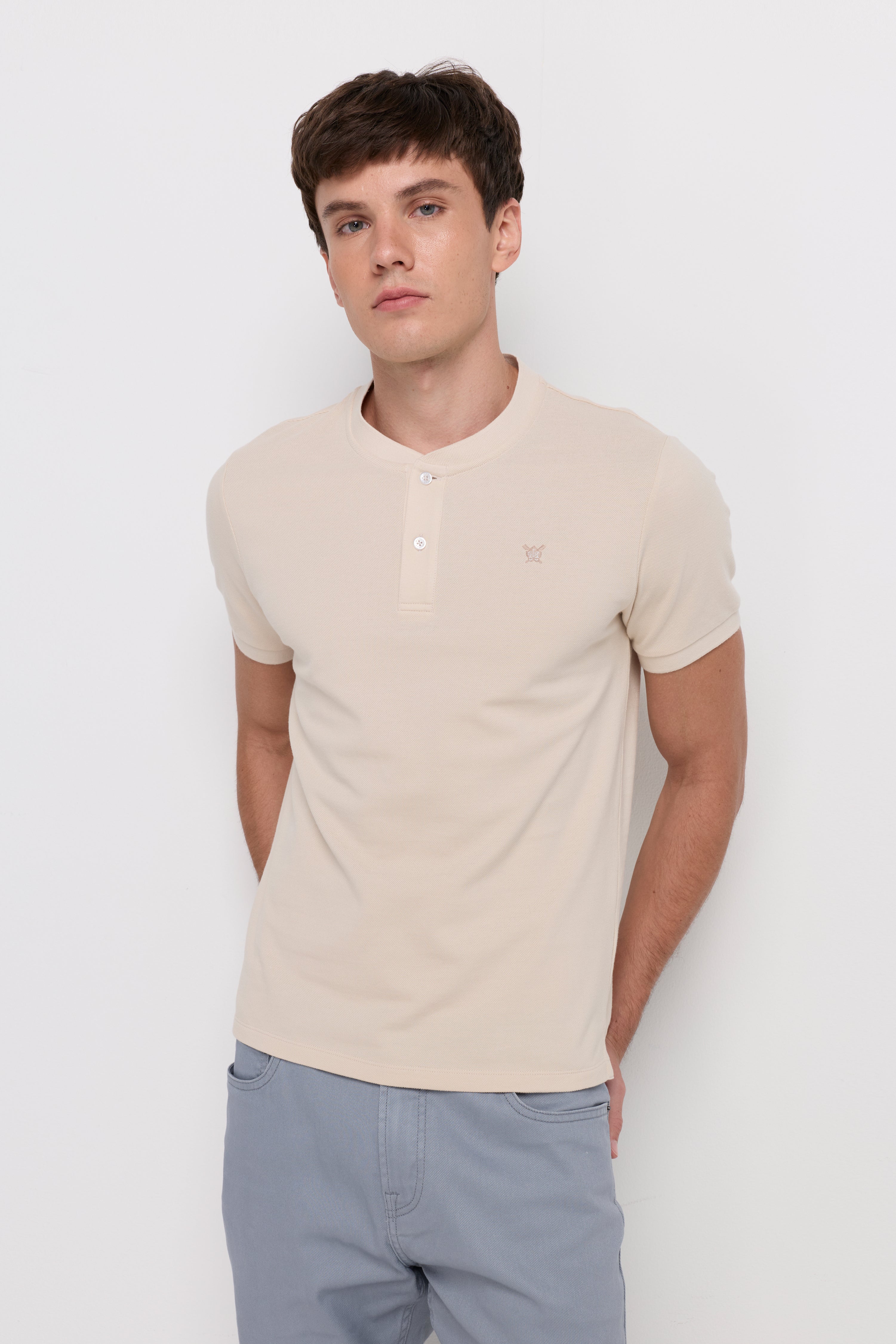 Textured Henley Knit T-Shirt Beige