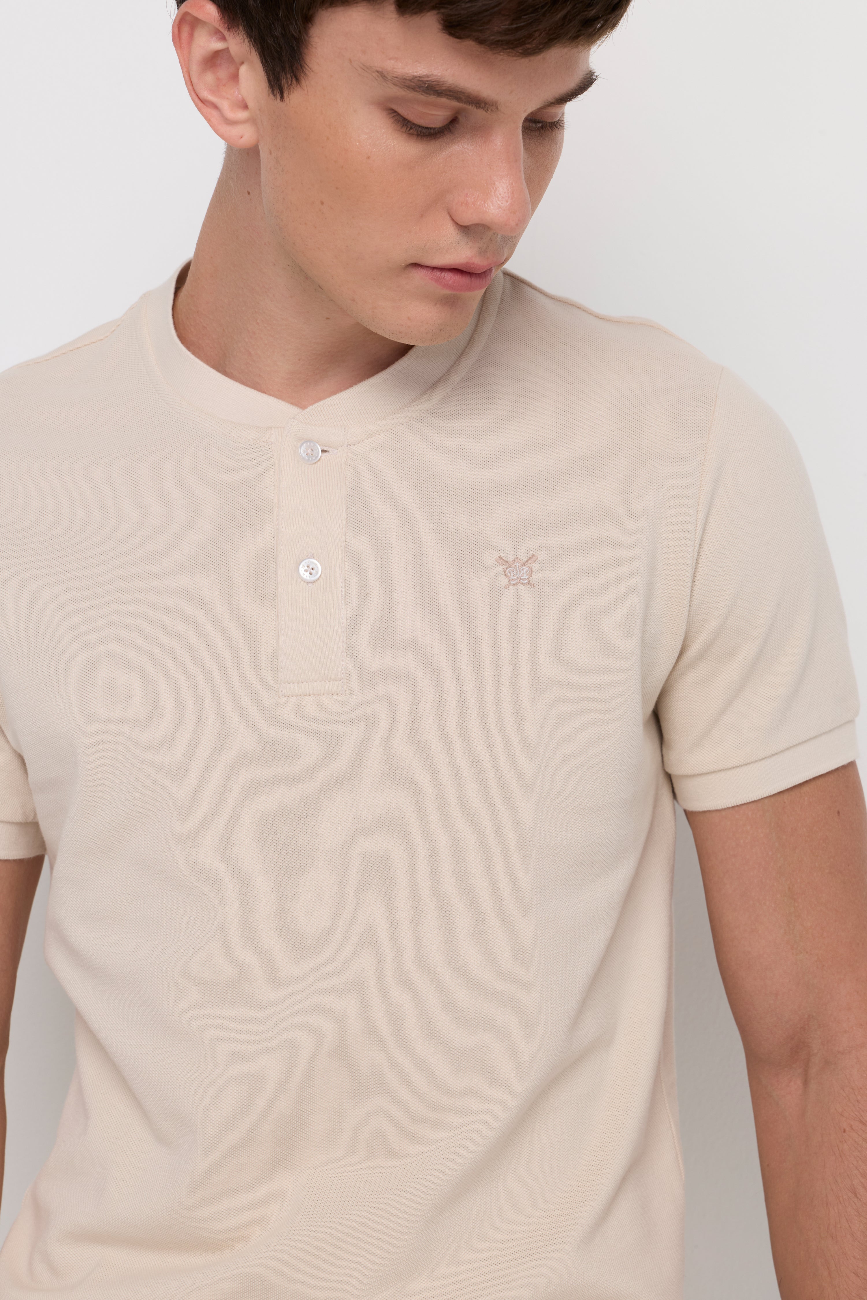 Textured Henley Knit T-Shirt Beige