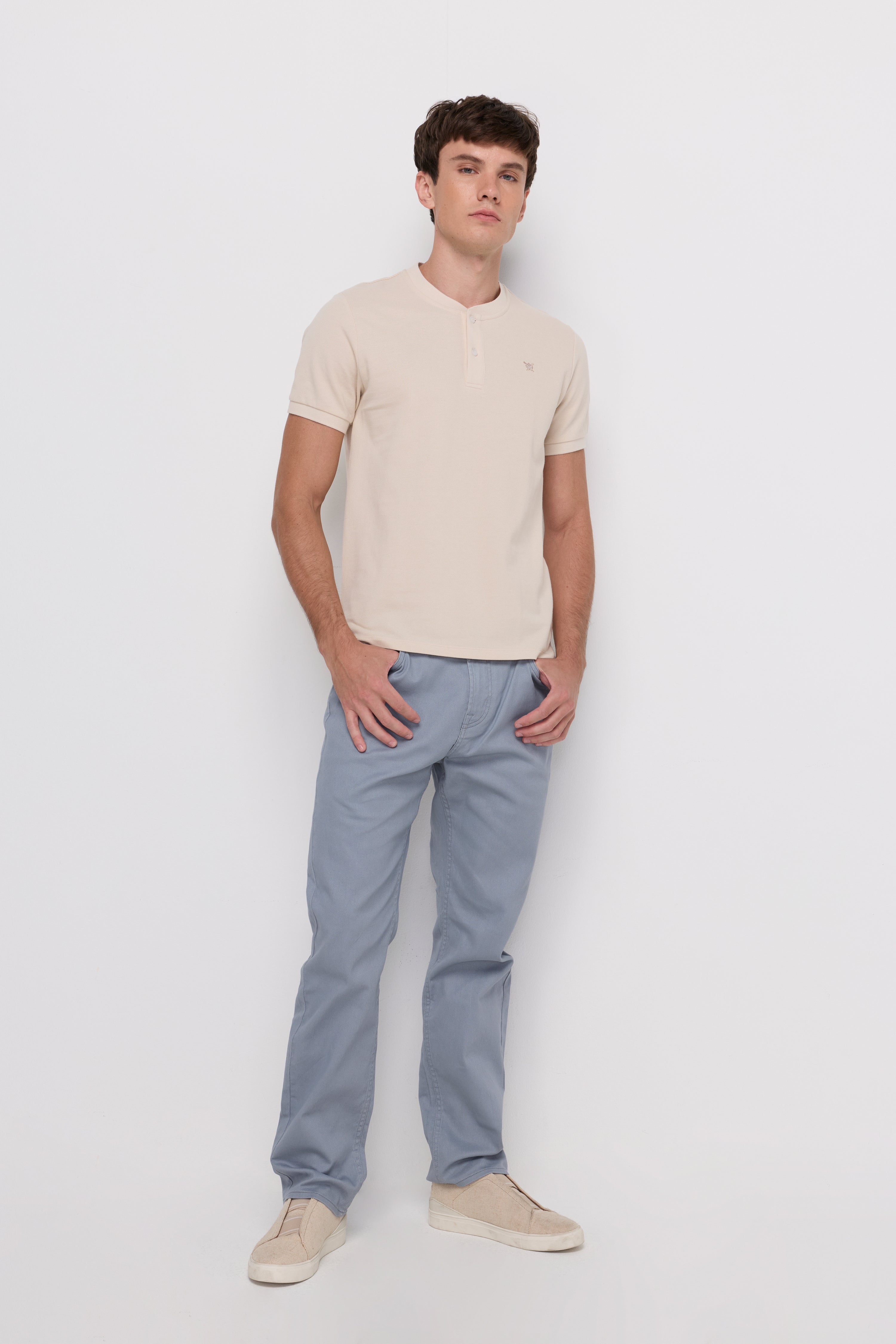 Textured Henley Knit T-Shirt Beige