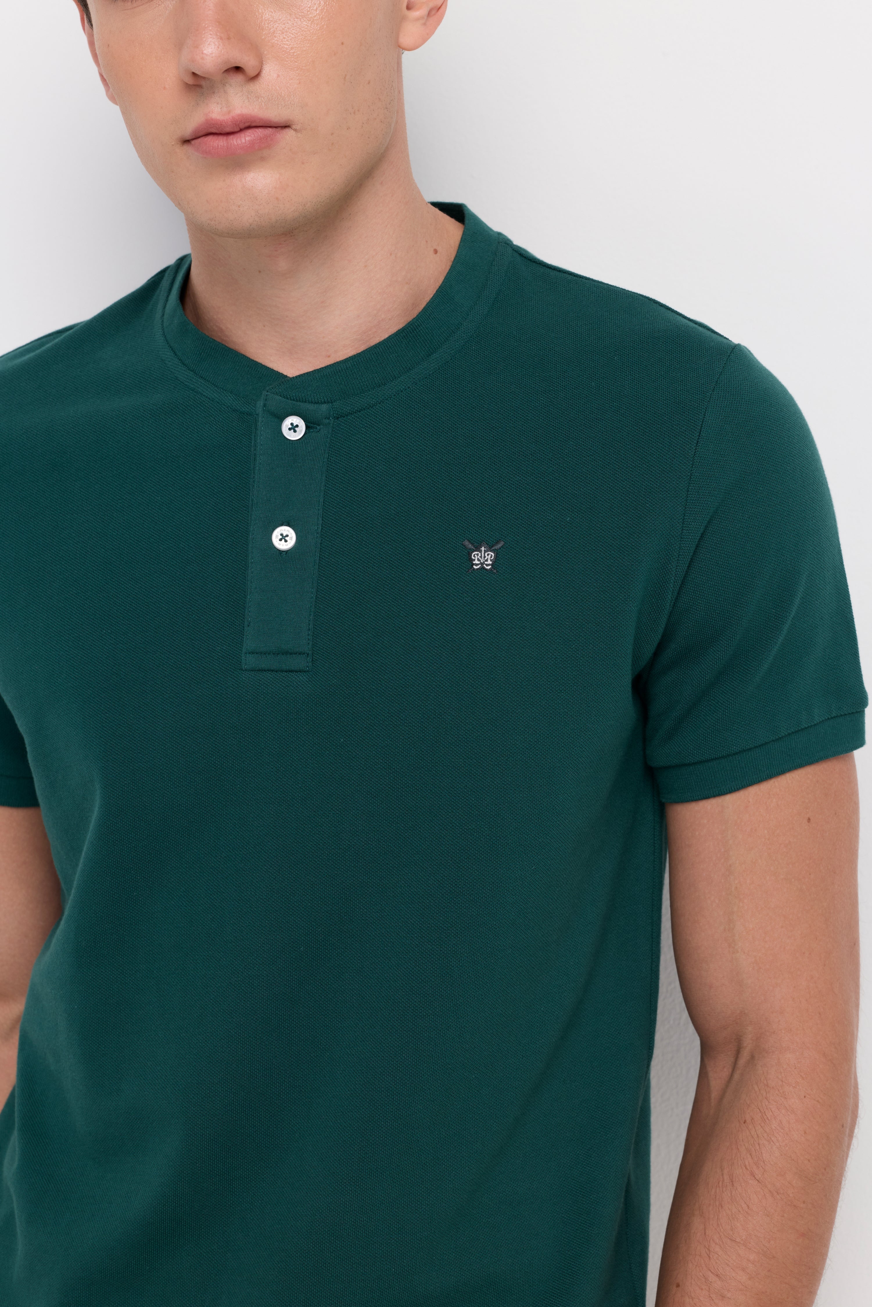 Textured Henley Knit T-Shirt Dark Green
