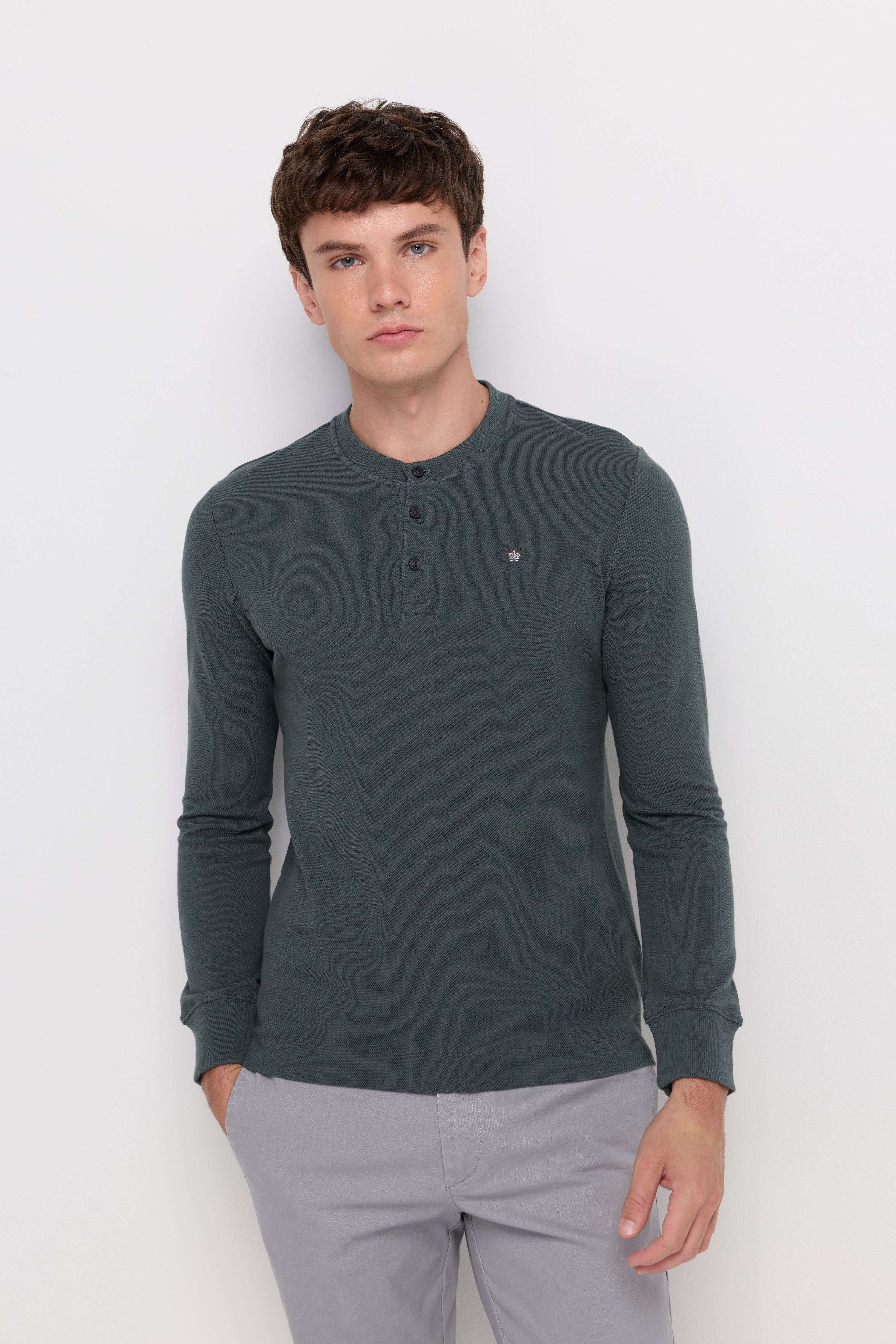 Pique Long Sleeve Round Neck T-Shirt Dark Green