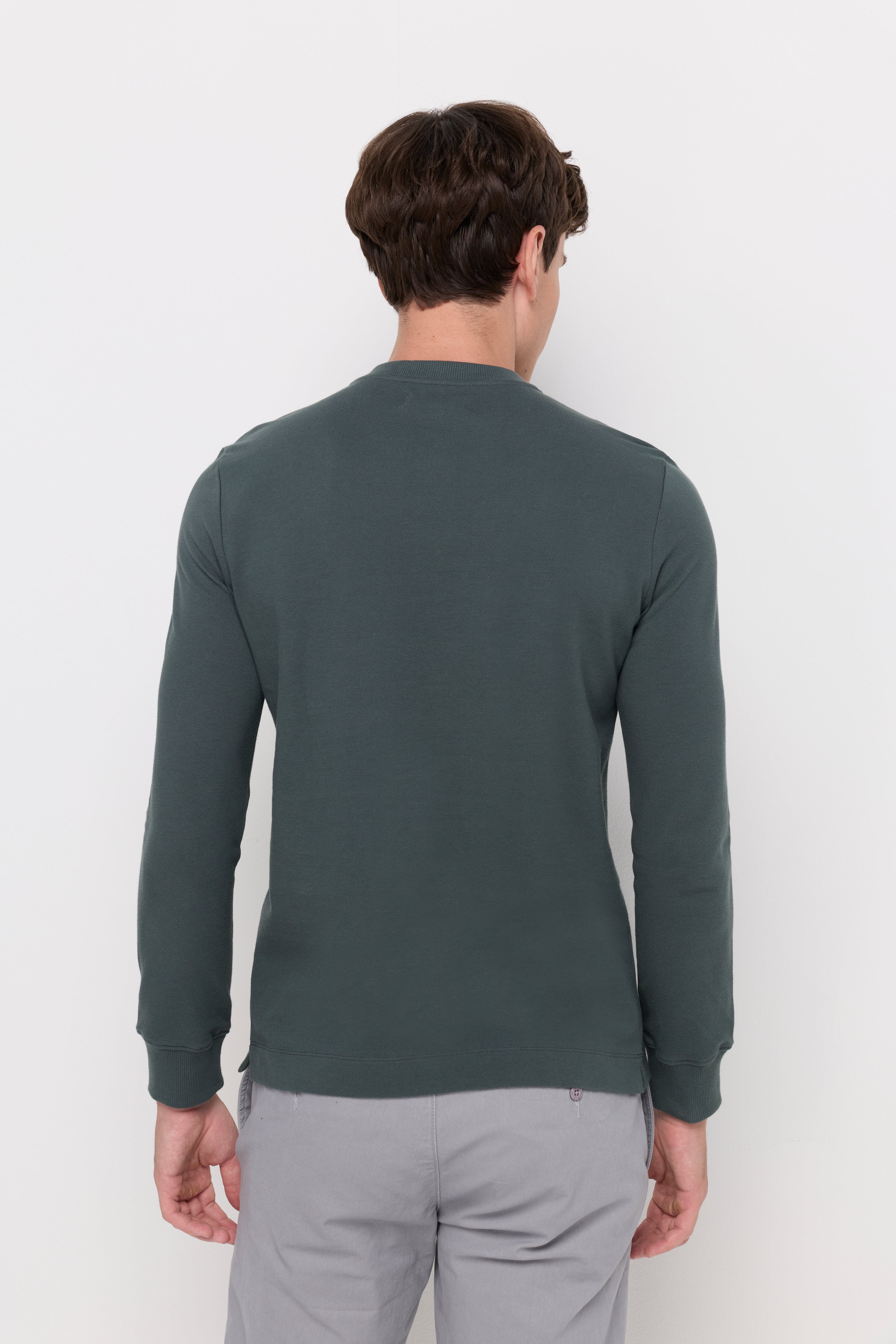Pique Long Sleeve Round Neck T-Shirt Dark Green