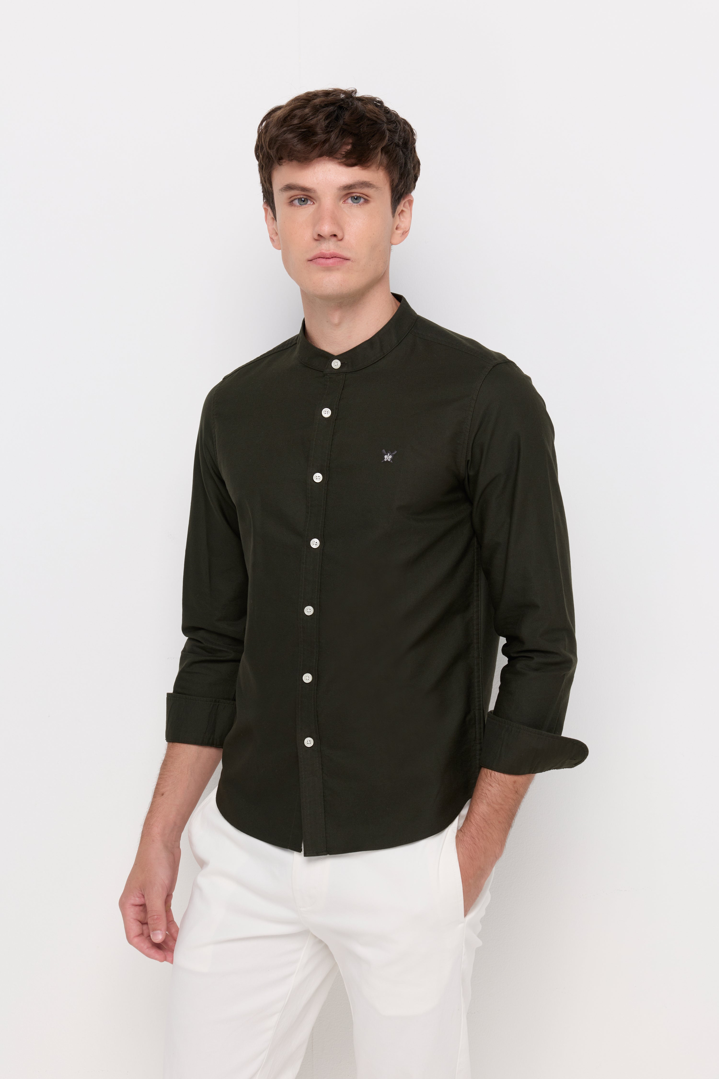Long Sleeve Shirt Chinese Collar Dark Green