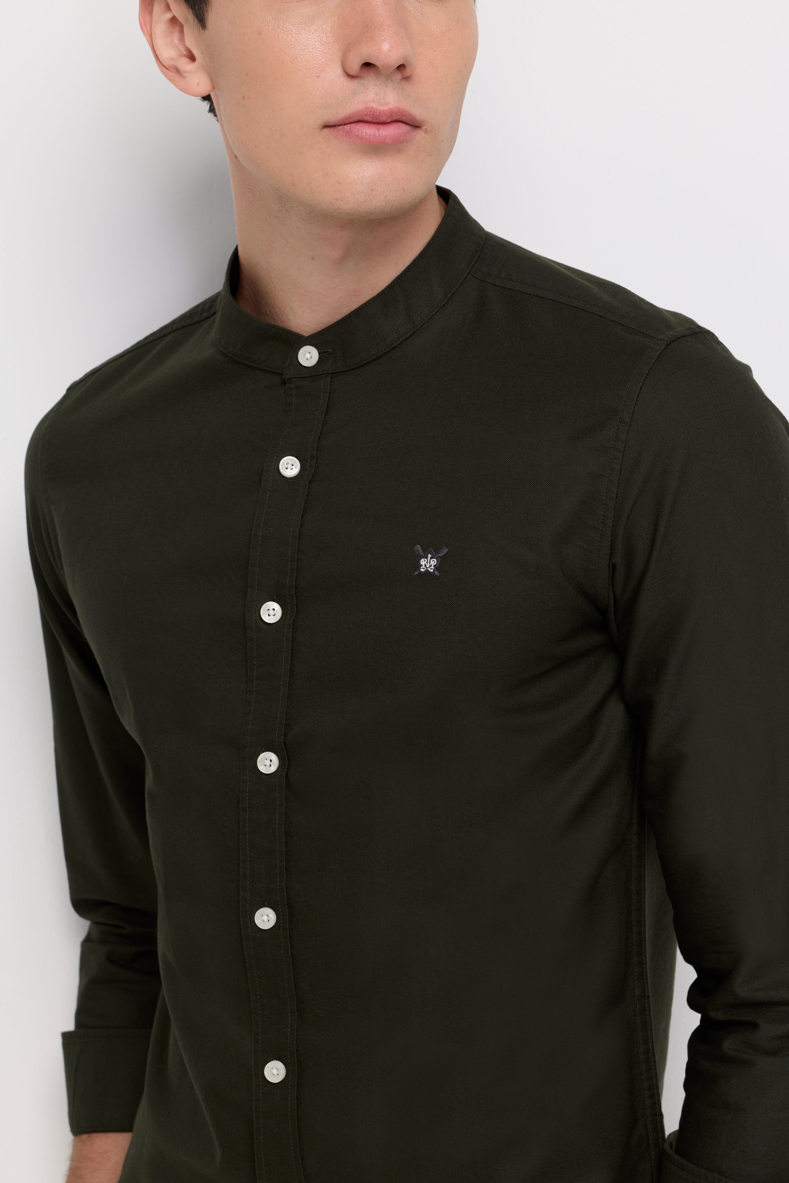Long Sleeve Shirt Chinese Collar Dark Green