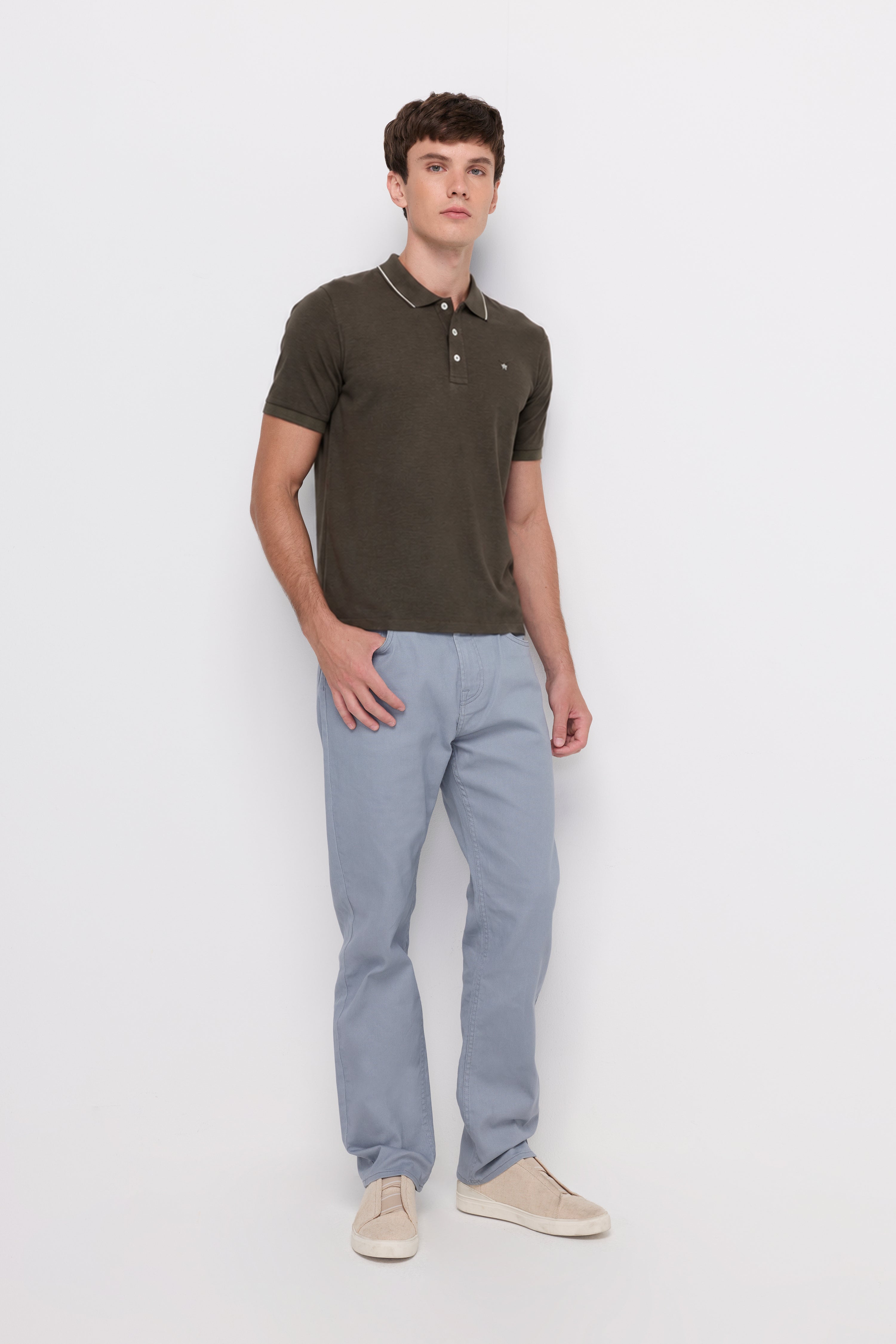 Textured Melange Polo Shirt Top Dyed Brown