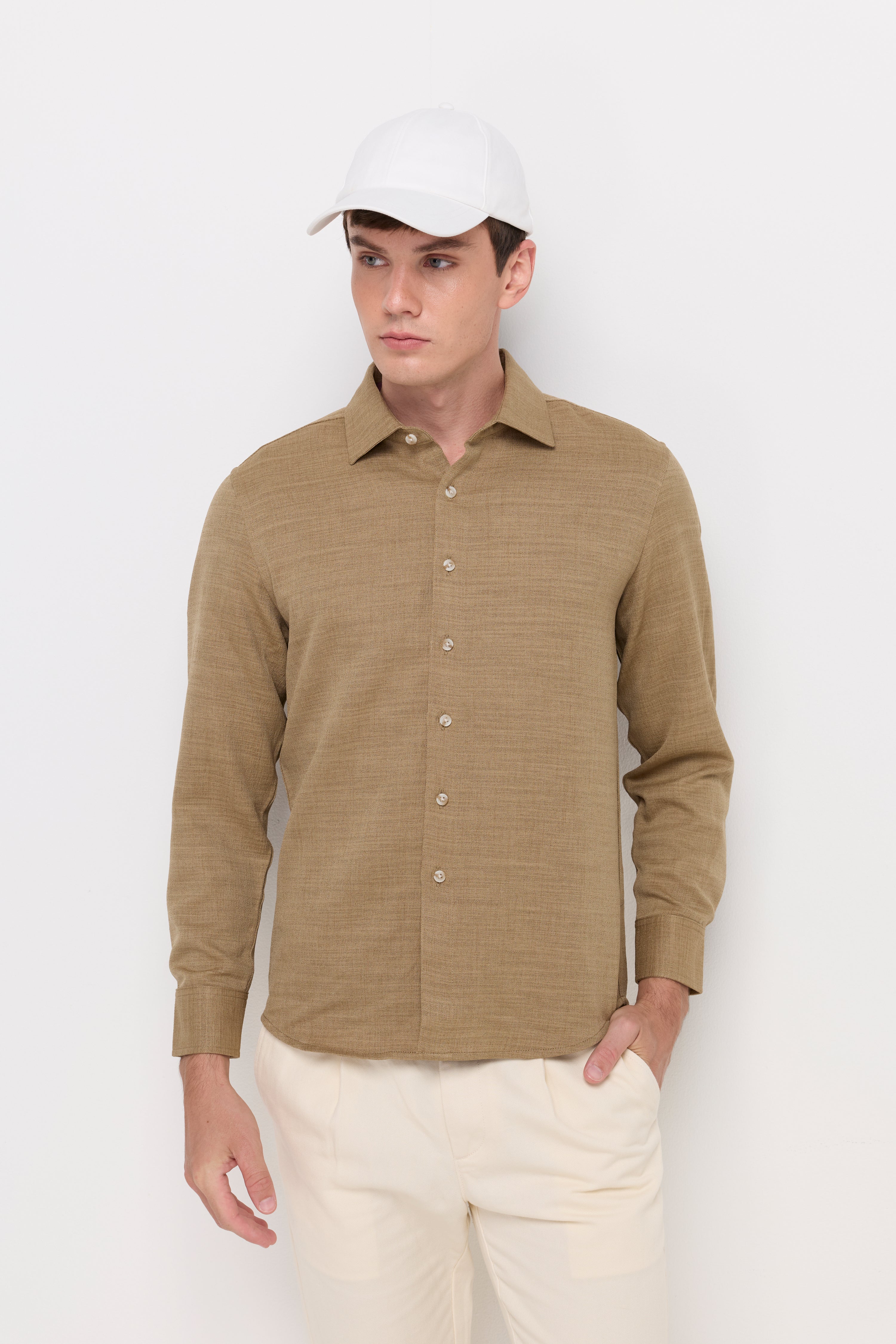 Textured Twill Button-Up Shirt Dark Brown