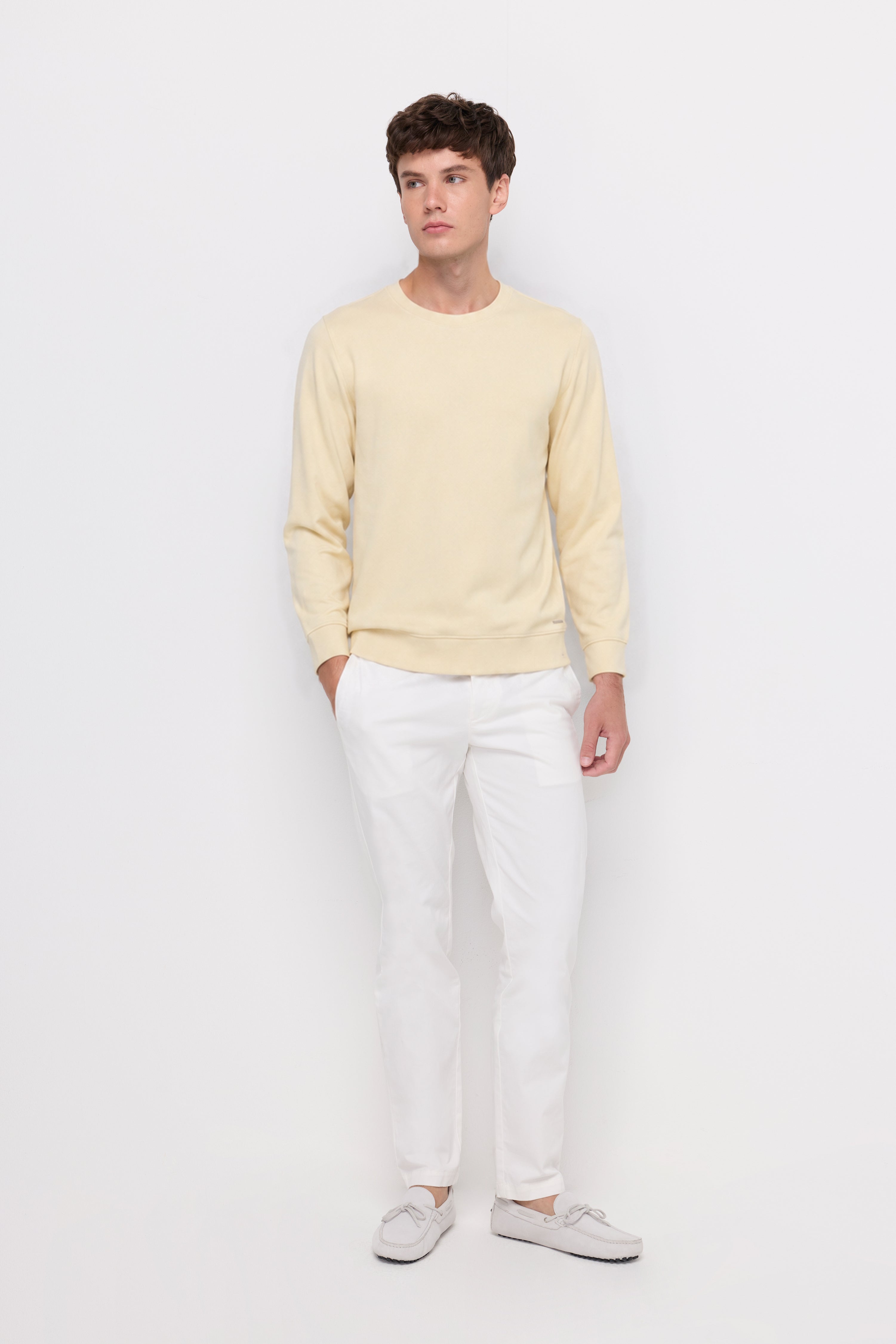 Ribbed Hem Crew Neck Pullover Yellow