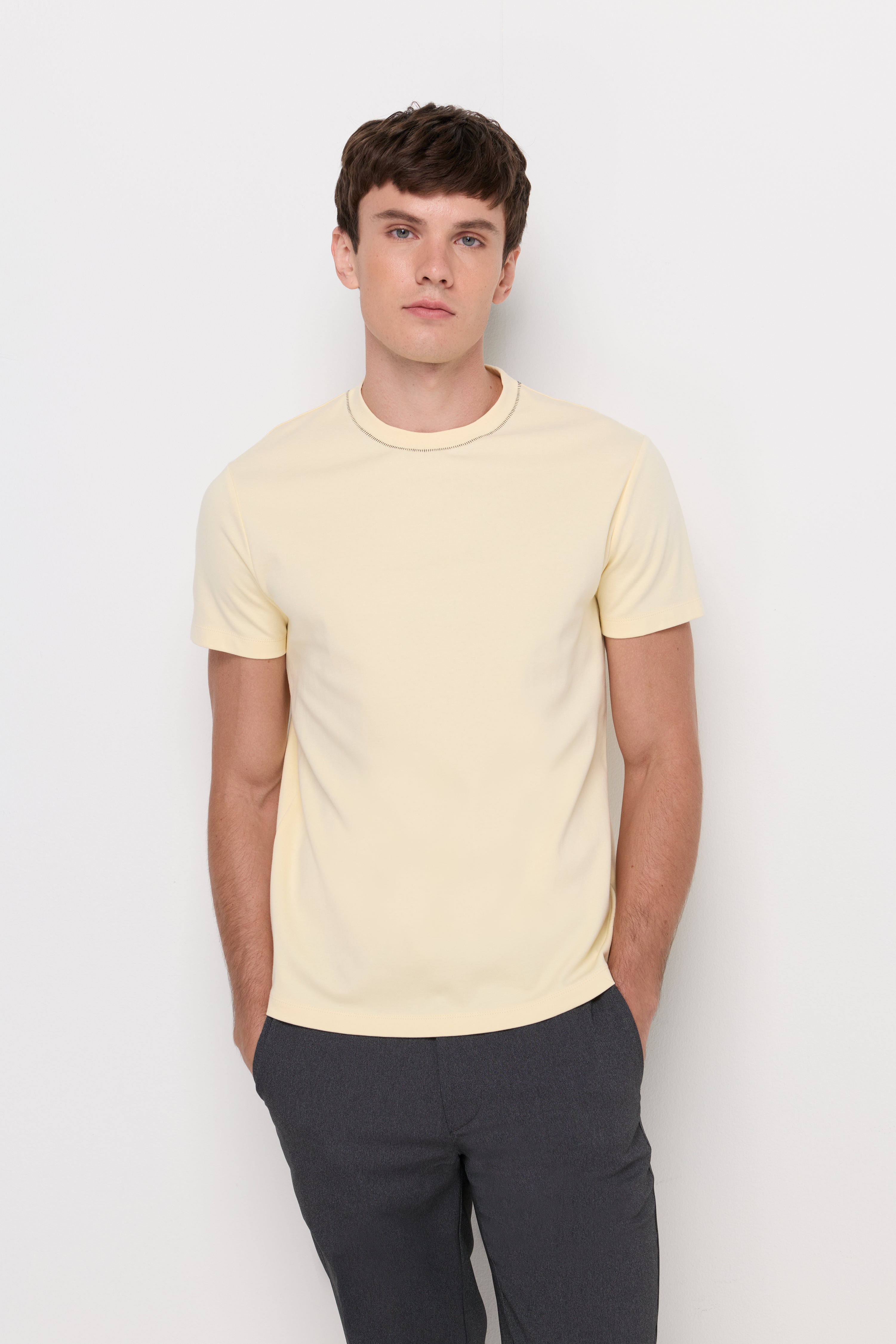 Contrast Stitch Knit T-Shirt Light Yellow