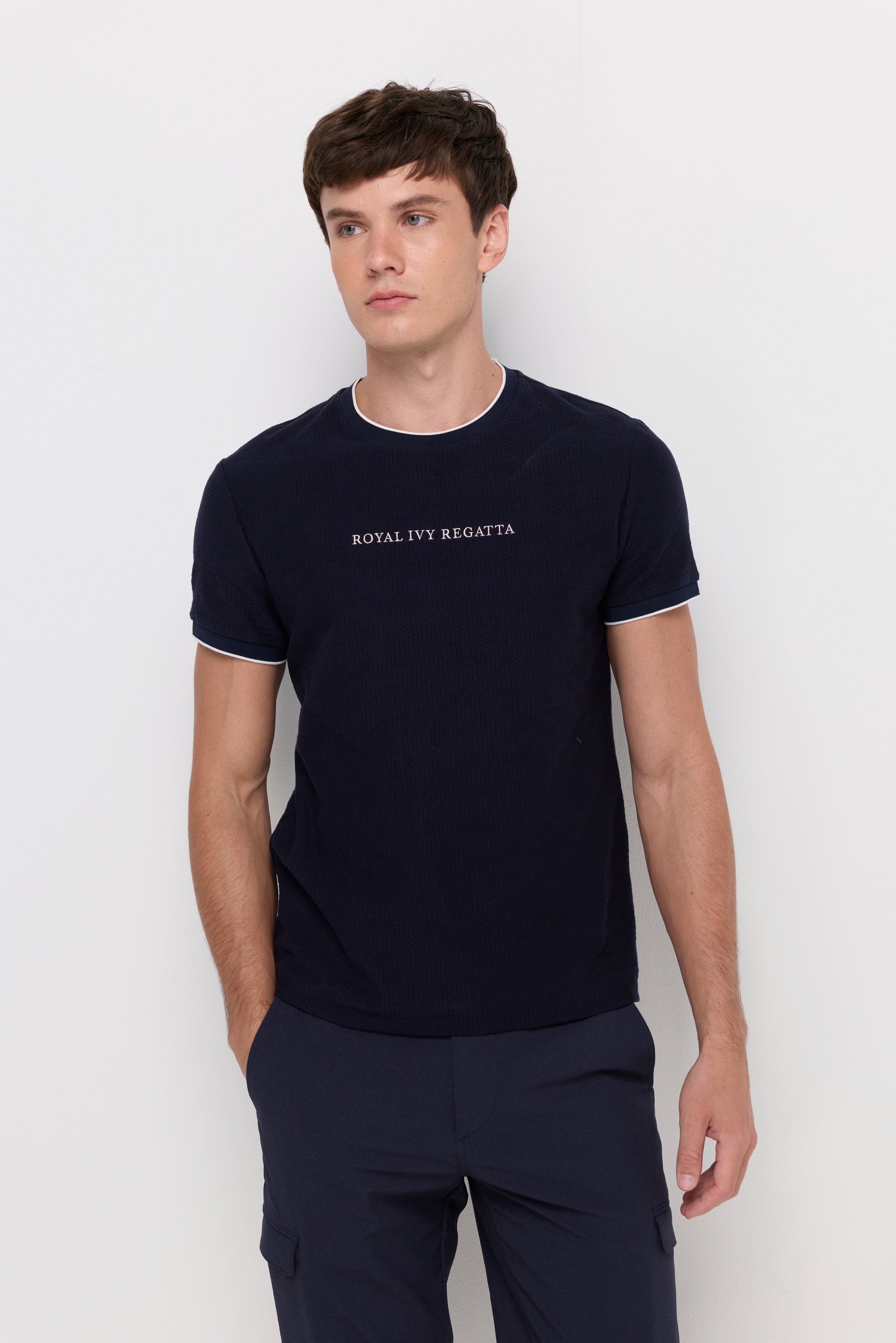 Contrast Trim Logo Knit T-Shirt Navy
