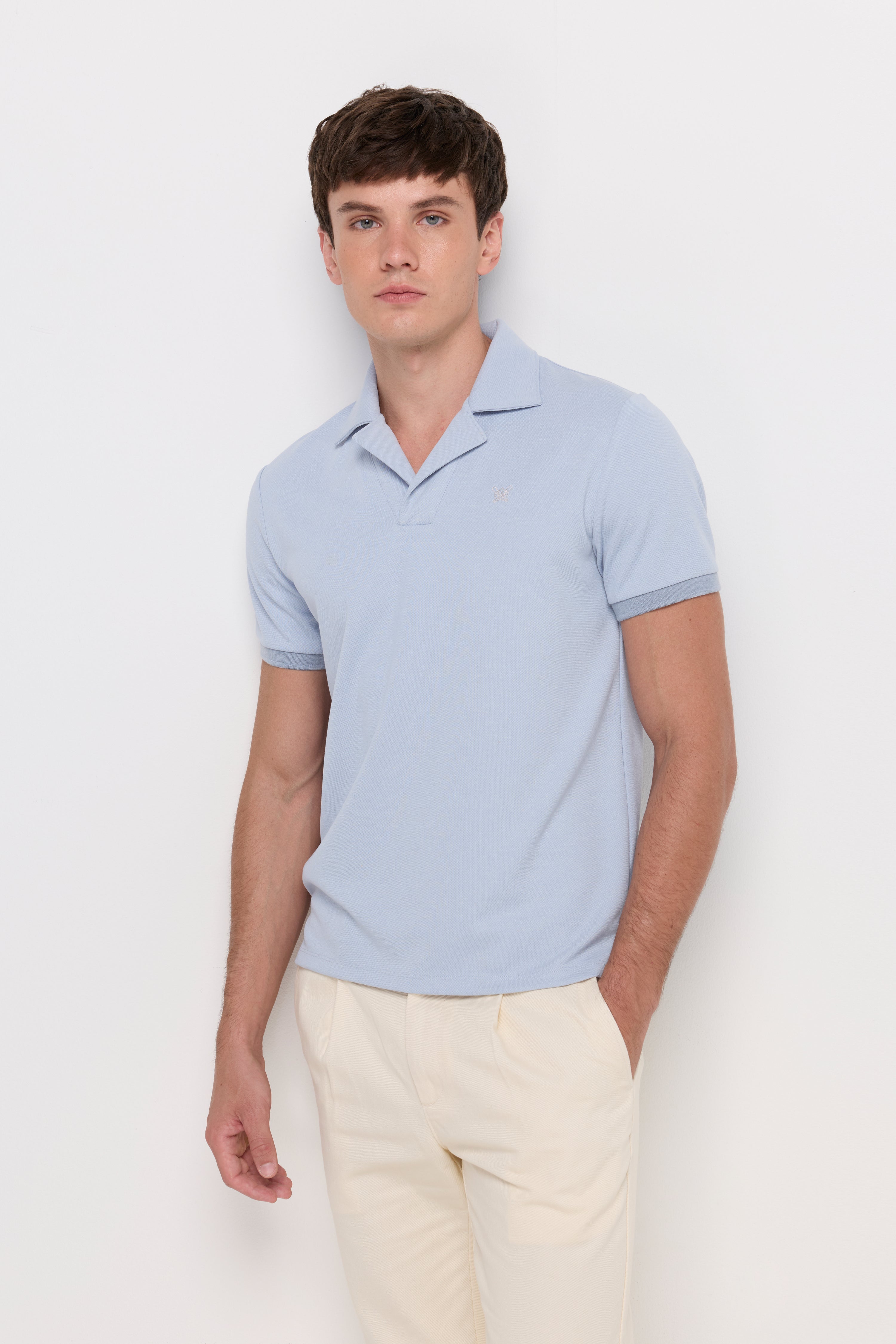 Textured Open Collar Polo Light Blue
