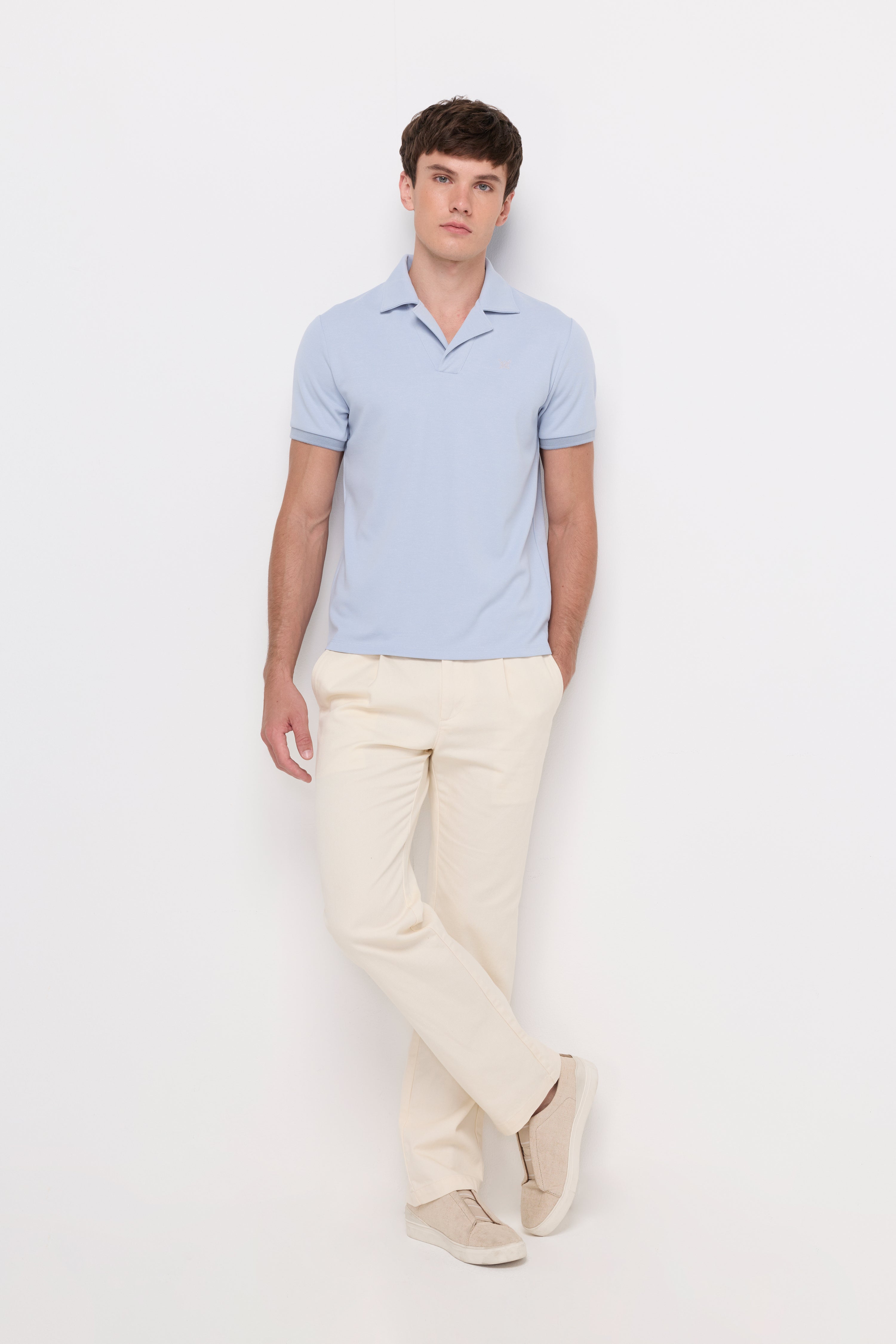 Textured Open Collar Polo Light Blue