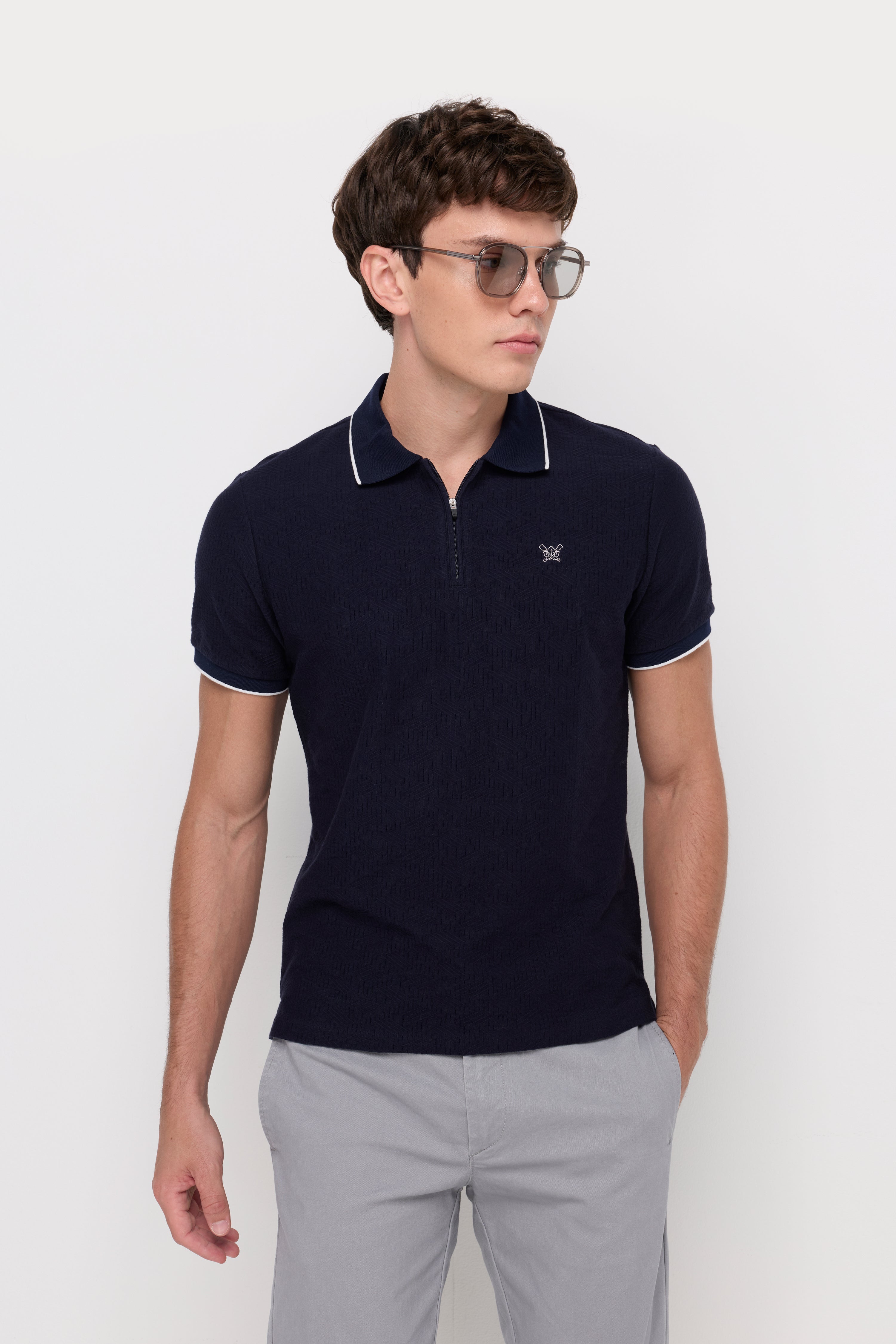 Contrast Trim Zip Polo Navy