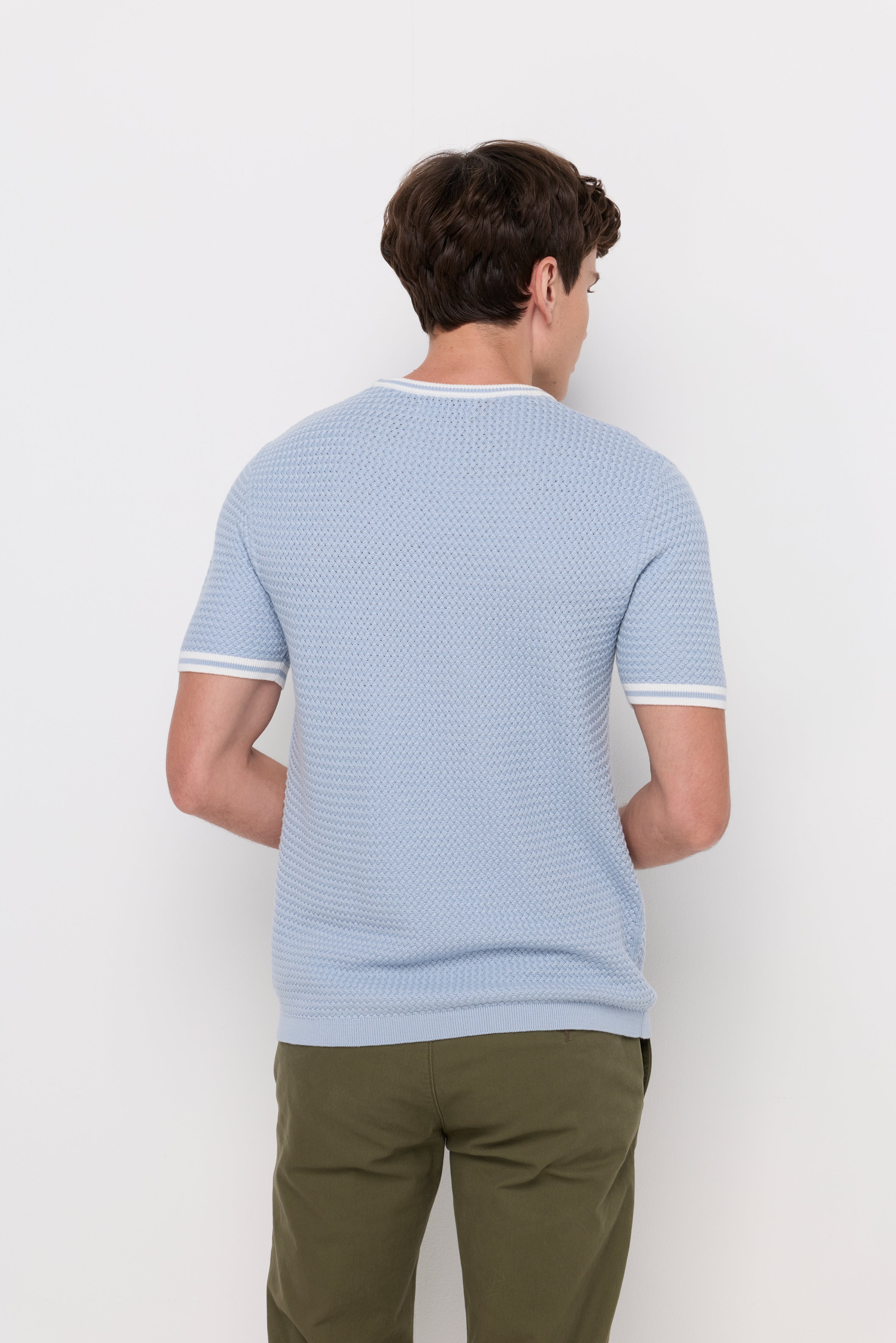 Contrast Trim Textured Knit T-Shirt Blue