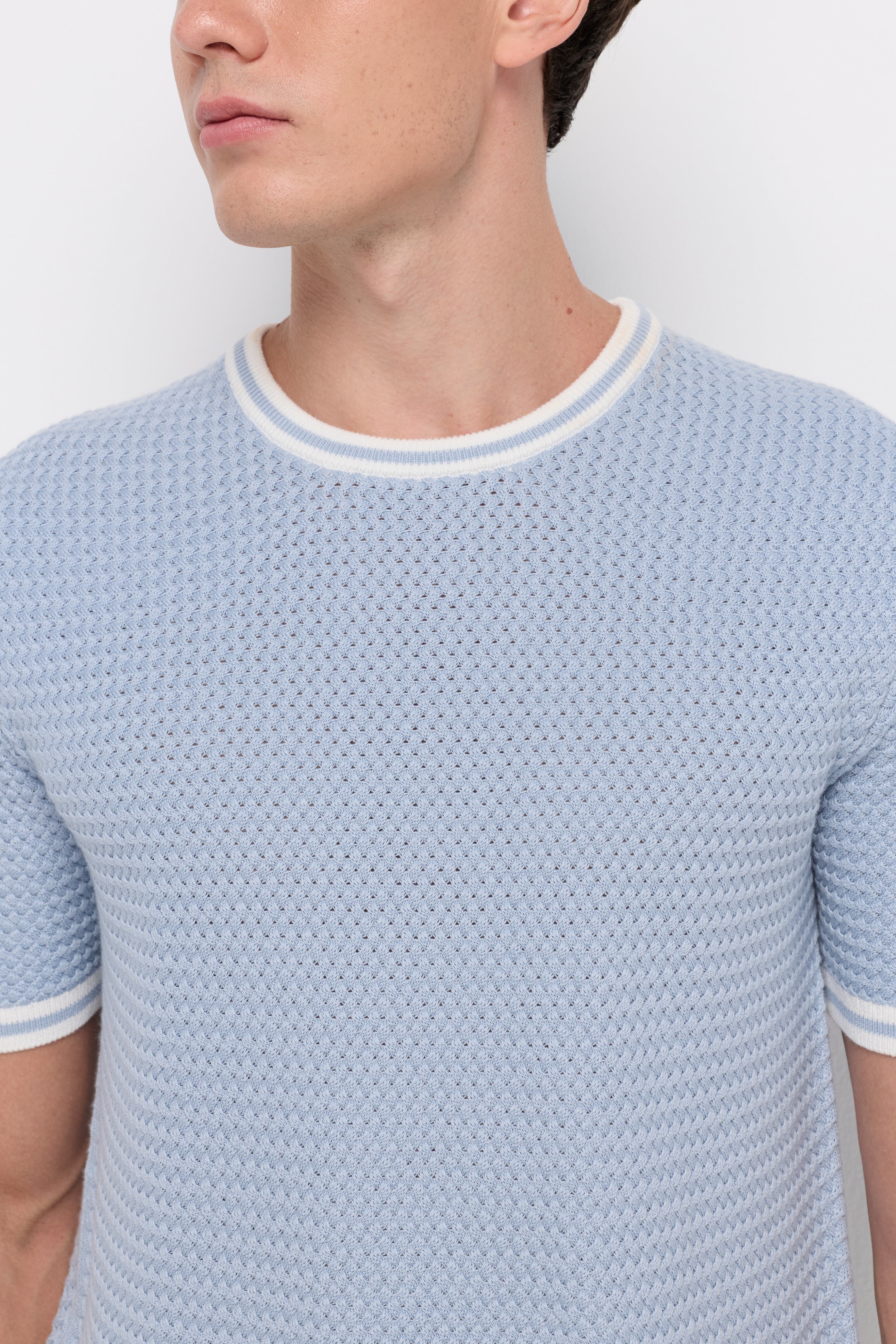 Contrast Trim Textured Knit T-Shirt Blue